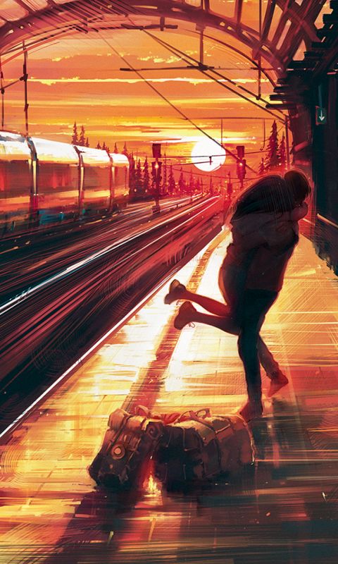 Download mobile wallpaper Sunset, Love, Couple, Artistic, Train, Train Station for free.