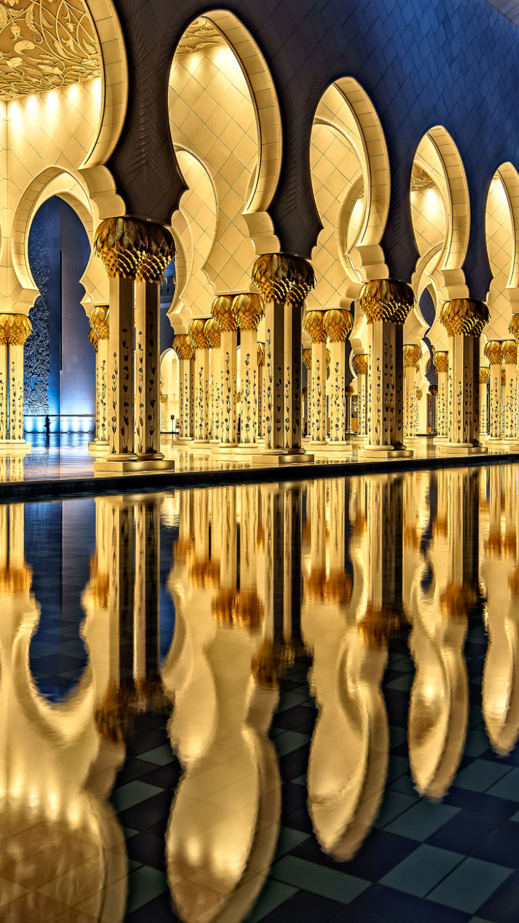 Download mobile wallpaper Night, Architecture, Reflection, Light, Abu Dhabi, Mosque, Religious, Sheikh Zayed Grand Mosque, Mosques for free.