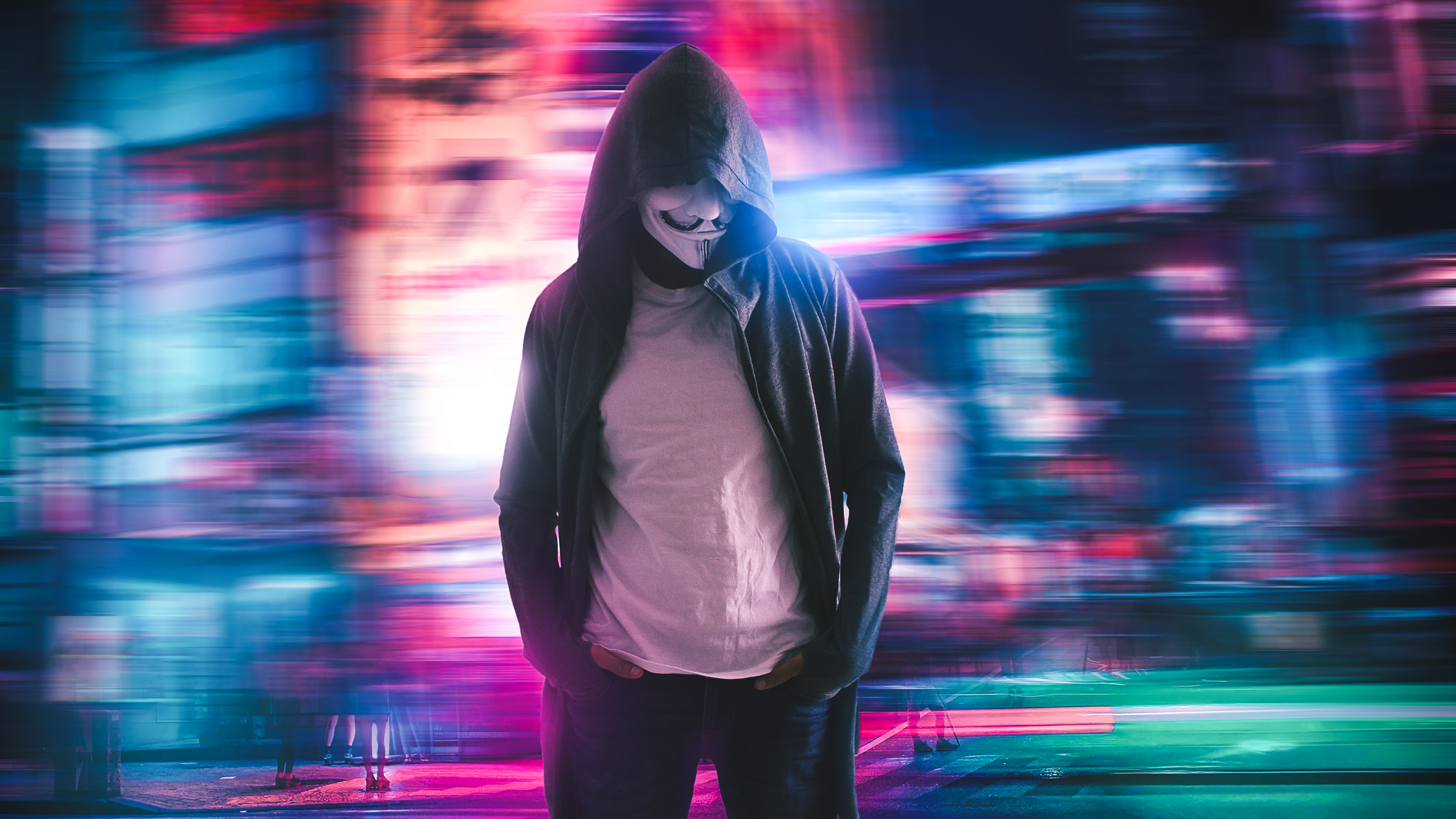 Free download wallpaper Miscellanea, Miscellaneous, Blur, Smooth, Long Exposure, Hood, Mask, Neon, Anonymous on your PC desktop