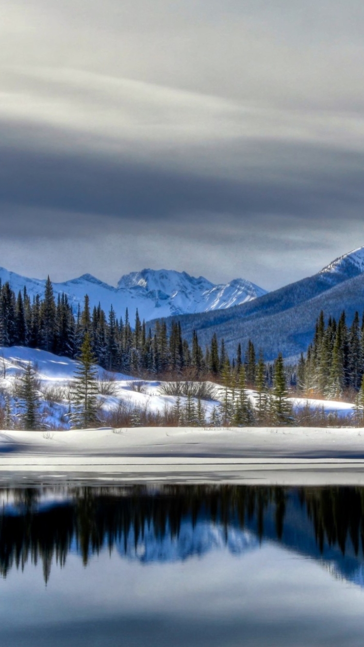 Download mobile wallpaper Winter, Mountains, Mountain, Lake, Forest, Earth, Cloud for free.