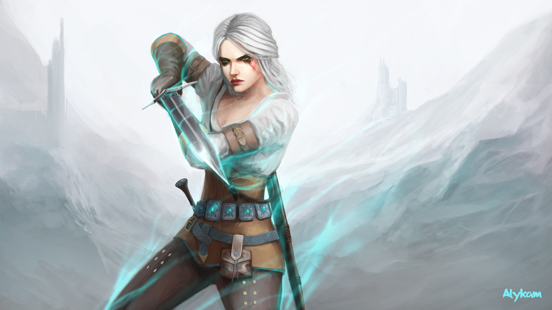 Download mobile wallpaper Sword, Green Eyes, Video Game, White Hair, Woman Warrior, The Witcher, The Witcher 3: Wild Hunt, Ciri (The Witcher) for free.