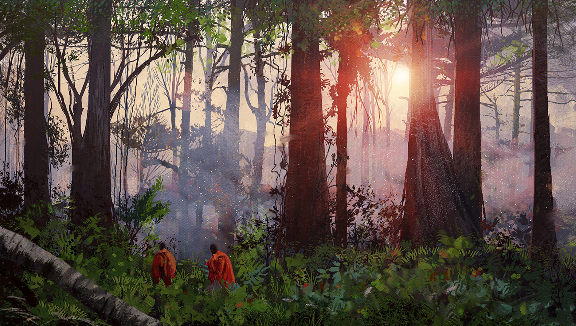 854170 завантажити картинку фантазія, ліс, туман, джунглі, чернець, сонечко, дерево - шпалери і заставки безкоштовно