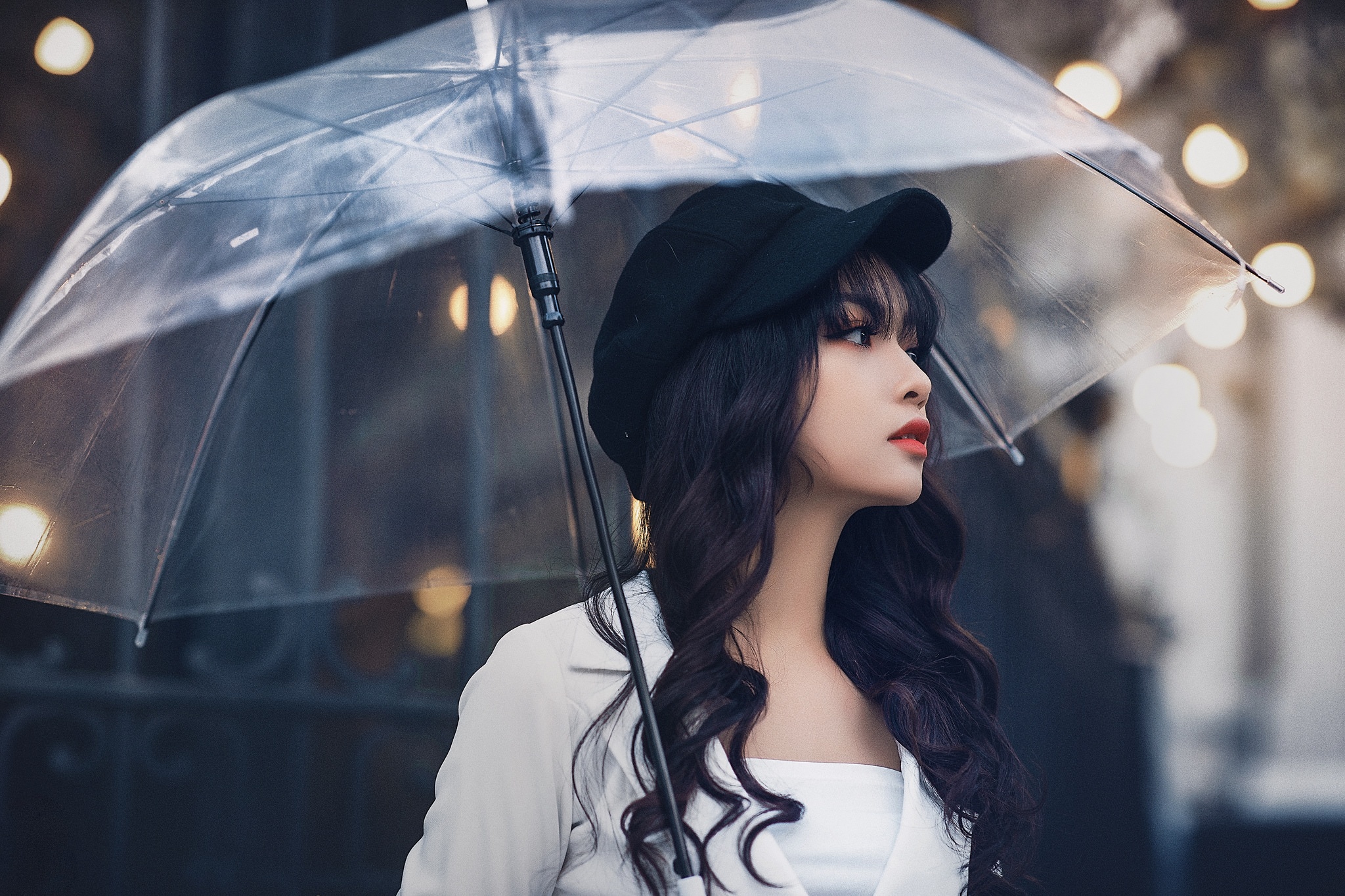 Download mobile wallpaper Cap, Umbrella, Model, Women, Asian, Black Hair for free.