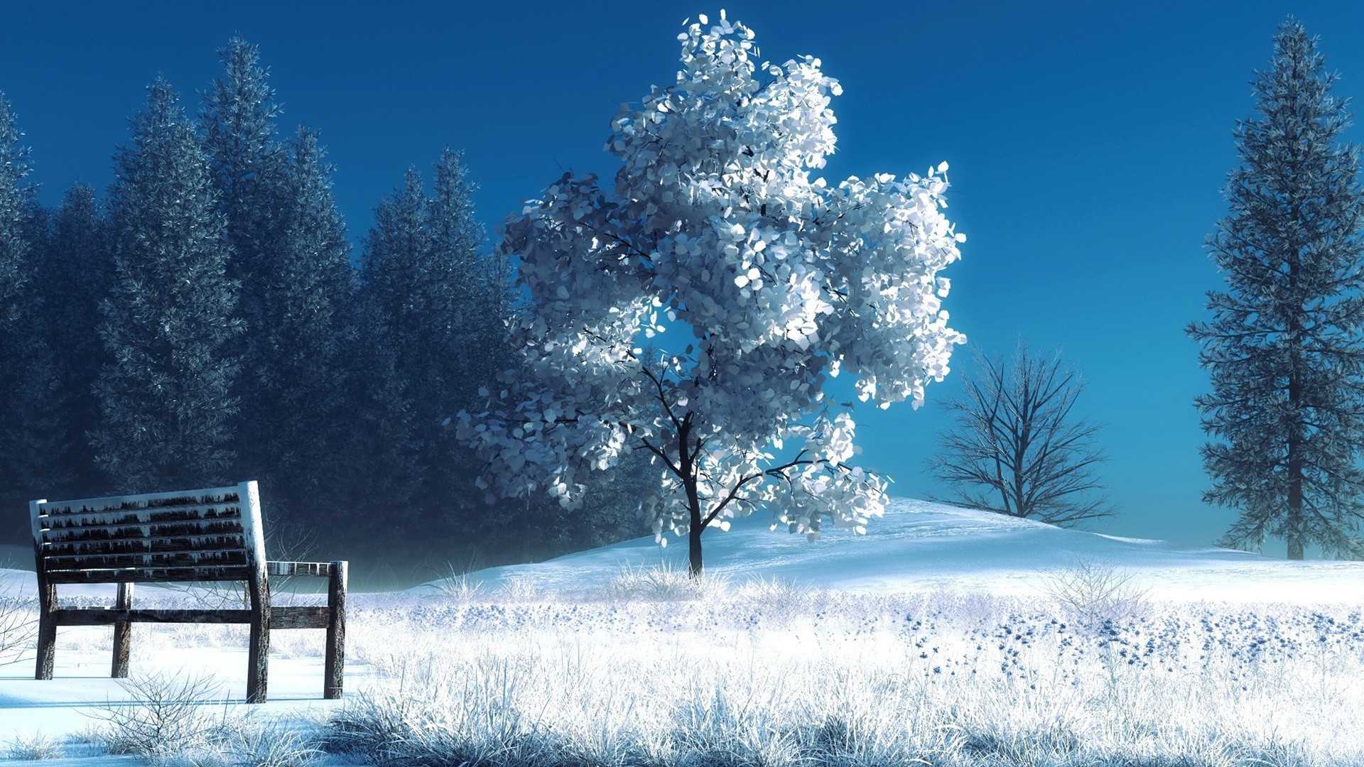 Скачать обои бесплатно Зима, Снег, Дерево, Скамейка, Художественные картинка на рабочий стол ПК