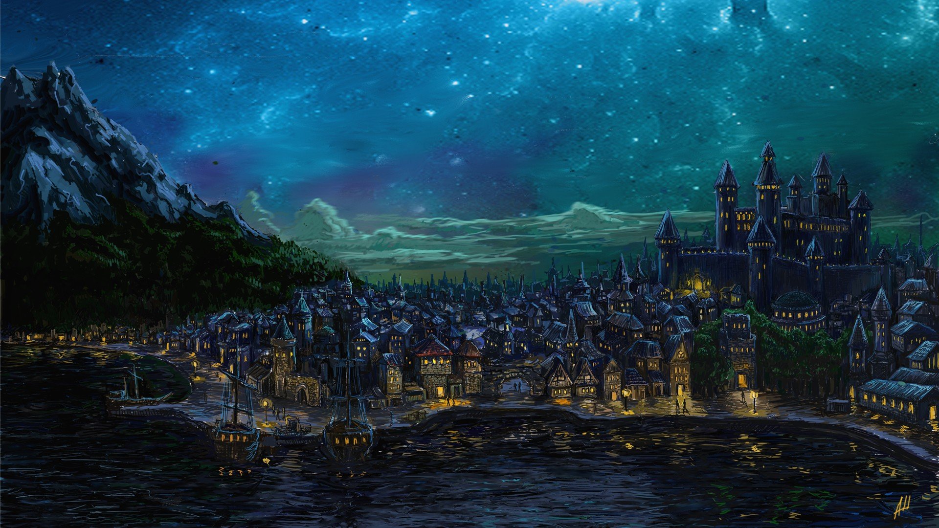 Free download wallpaper Fantasy, City, Mountain, Lake, Castle on your PC desktop