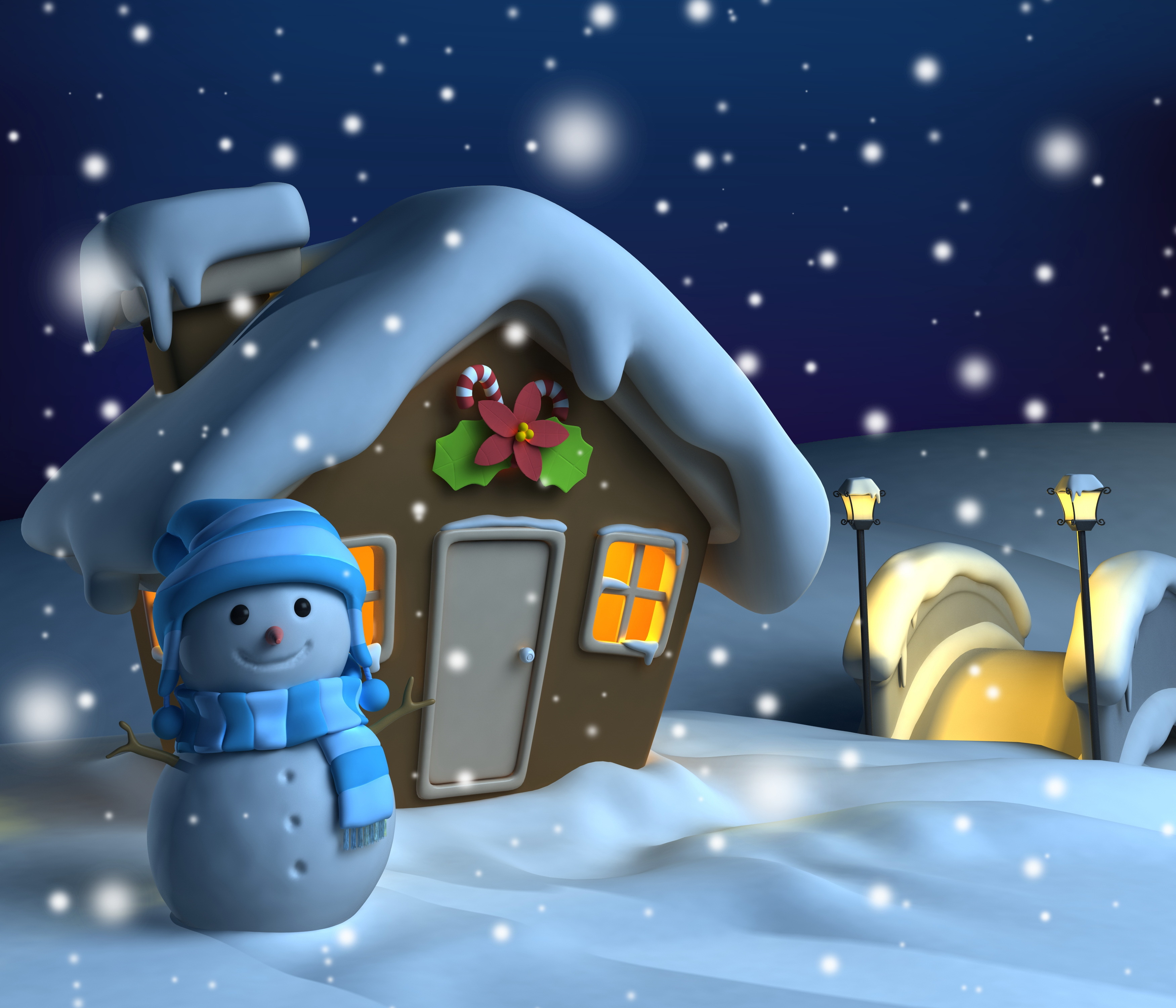 Скачать картинку Рождество, Снеговик, Снегопад, Коттедж, Праздничные в телефон бесплатно.