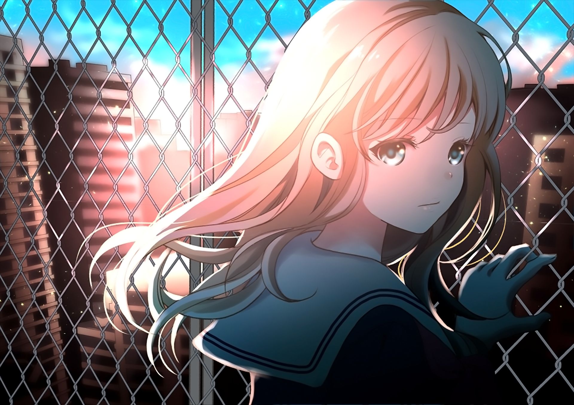 Download mobile wallpaper Anime, Fence, Schoolgirl, Blue Eyes, Original, School Uniform for free.