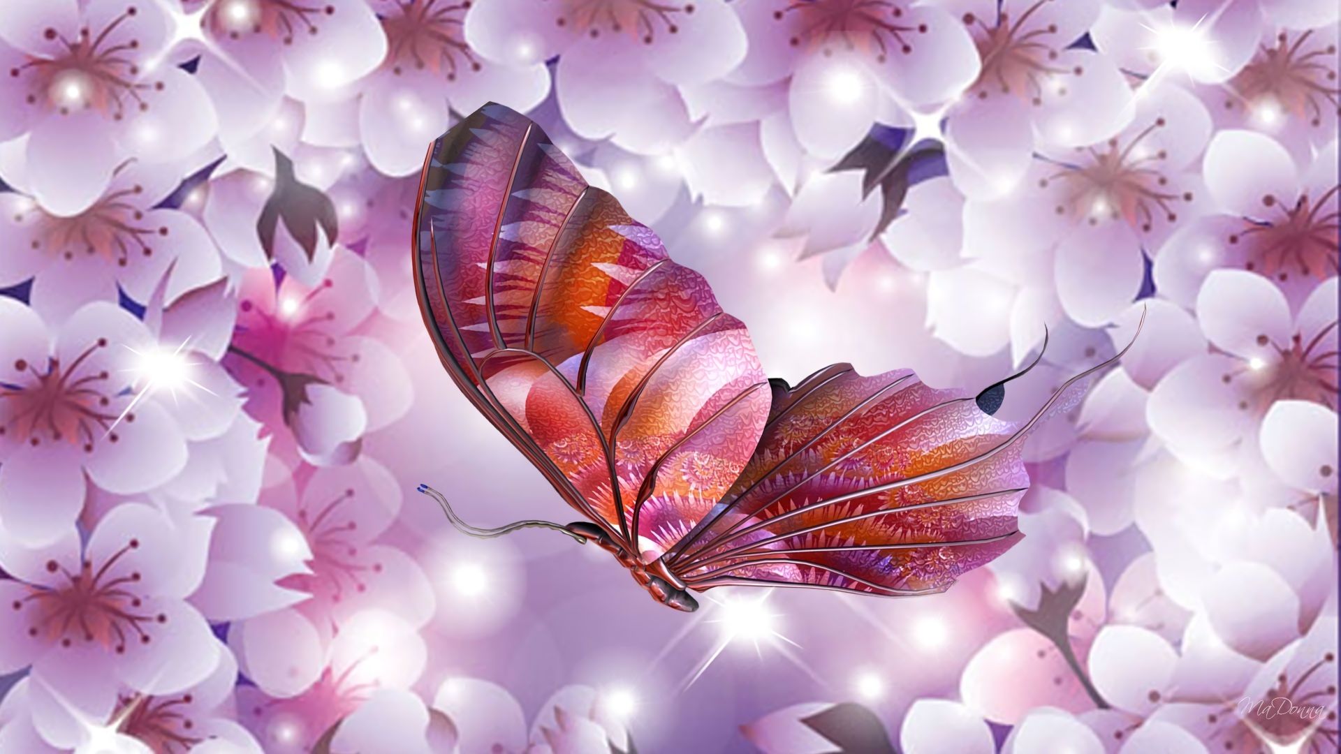 Handy-Wallpaper Rosa, Blume, Schmetterling, Blüte, Künstlerisch kostenlos herunterladen.
