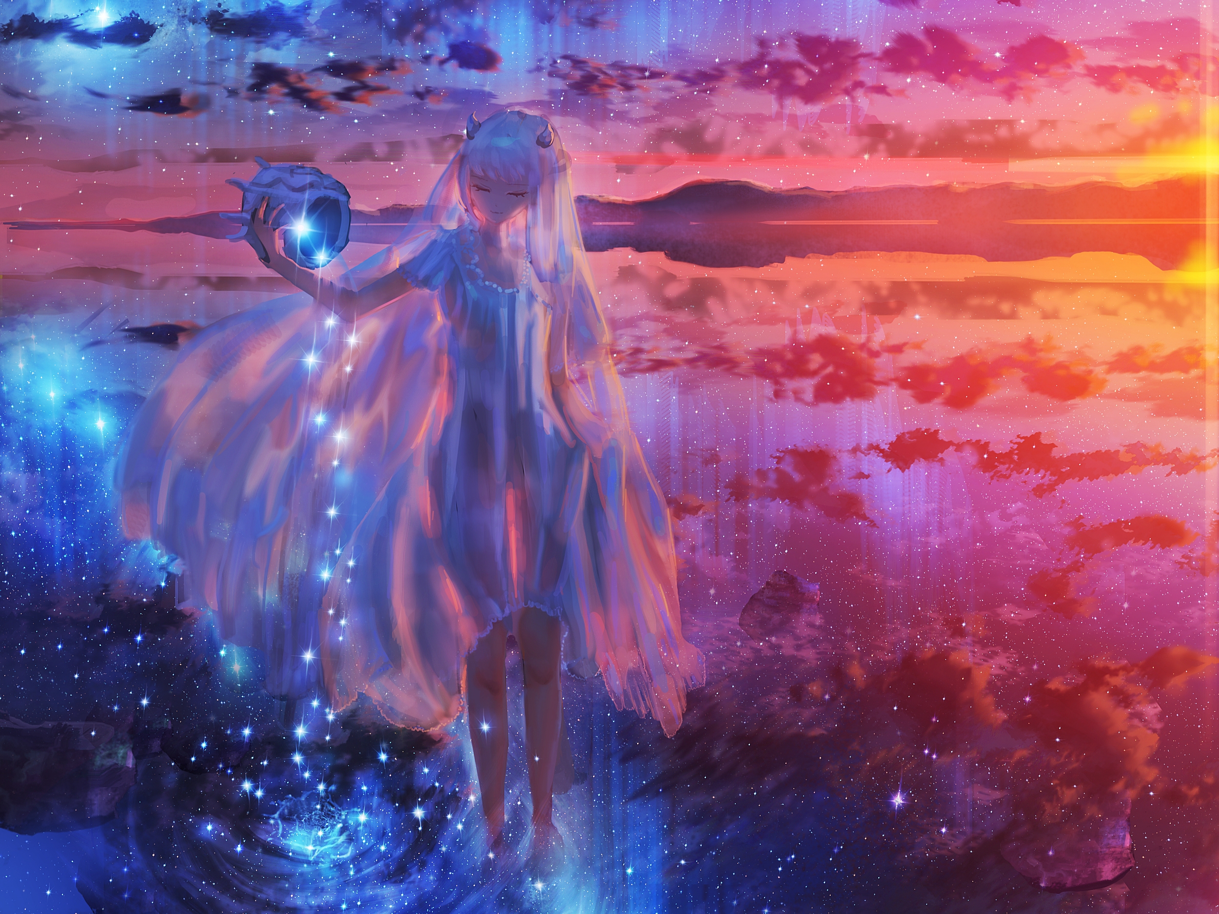 Laden Sie das Original, Sonnenuntergang, Animes, Spiegelung, Sternenklarer Himmel-Bild kostenlos auf Ihren PC-Desktop herunter