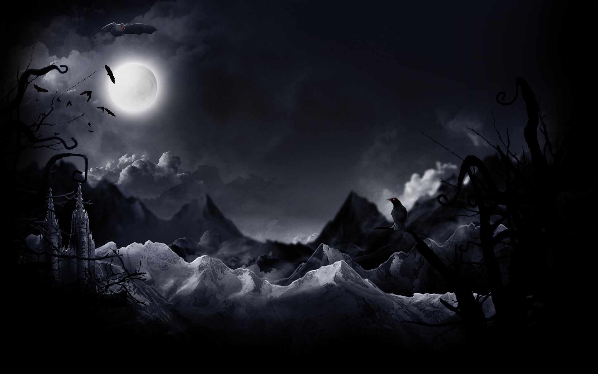 Laden Sie das Mond, Dunkel, Wolke, Rabe, Schläger, Nacht, Künstlerisch, Schloss-Bild kostenlos auf Ihren PC-Desktop herunter