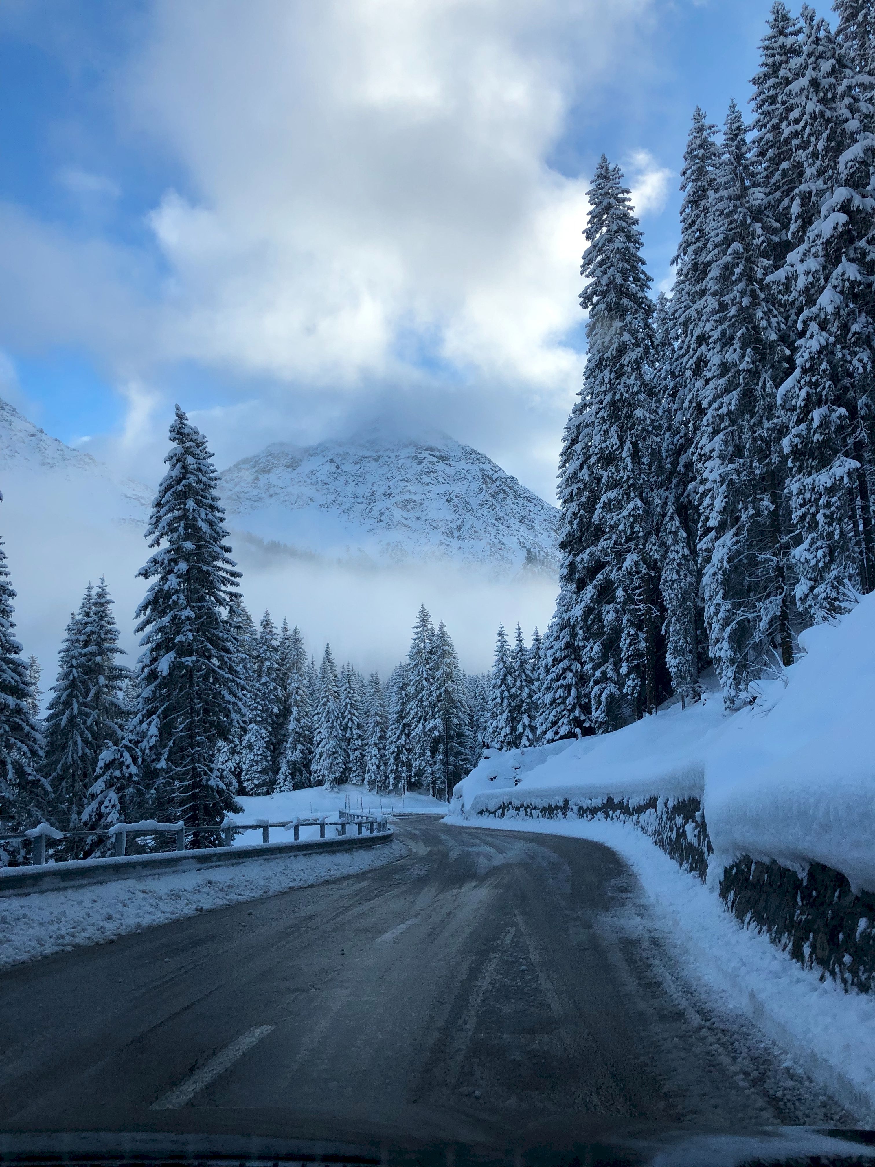 snow, mountains, road, winter, nature, trees, turn 32K