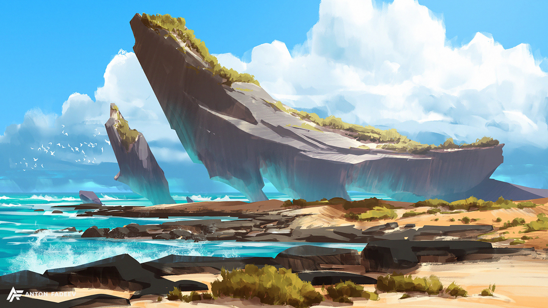 Free download wallpaper Landscape, Fantasy, Sky, Sea, Bird on your PC desktop