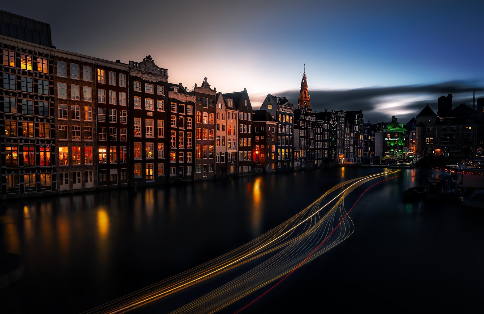 Download mobile wallpaper Cities, Night, City, Light, House, Netherlands, Amsterdam, Man Made, Time Lapse, Canal for free.