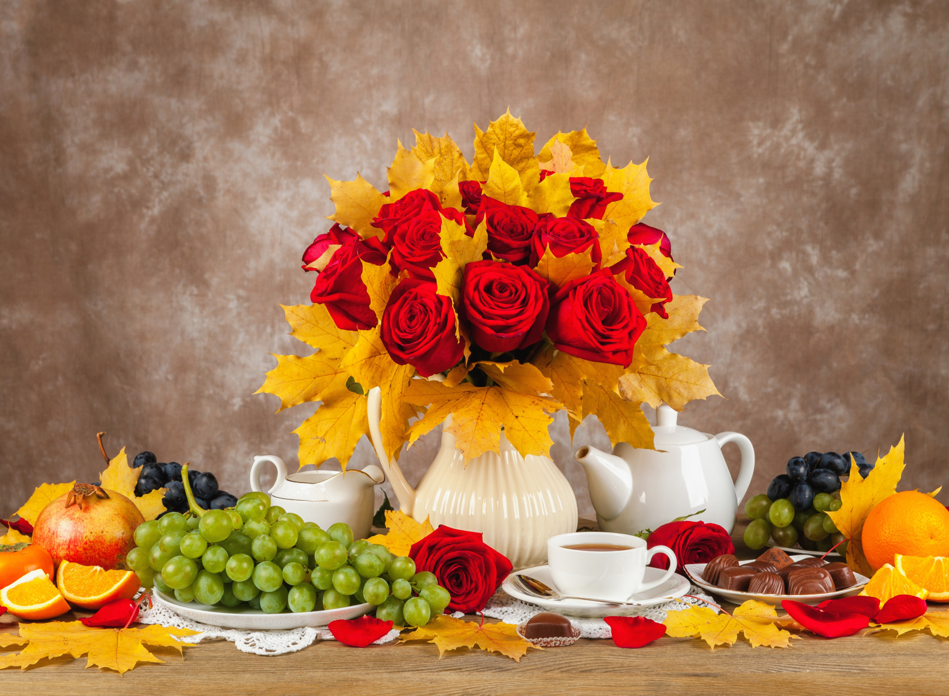 Download mobile wallpaper Still Life, Rose, Leaf, Fall, Fruit, Photography, Pitcher for free.