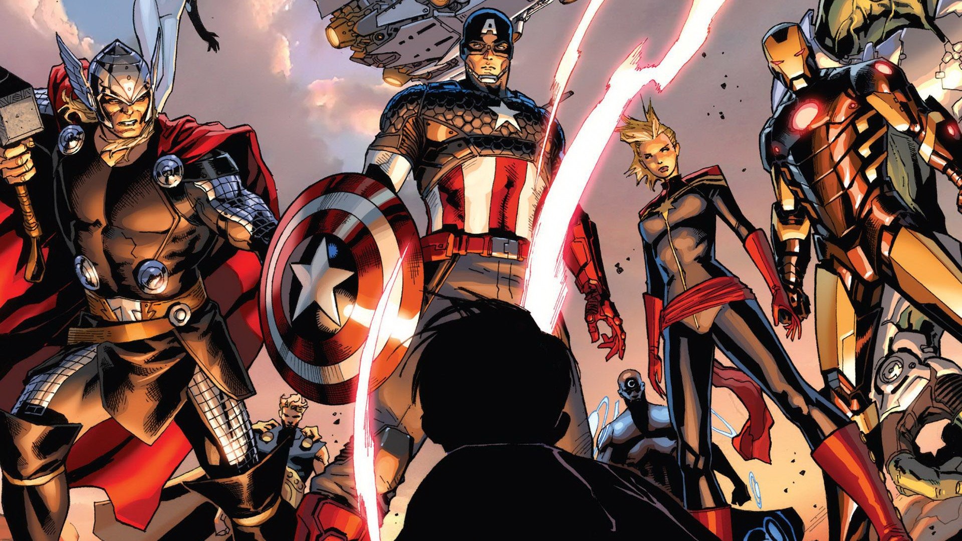 Baixar papel de parede para celular de Capitão Marvel, Super Heroi, Os Vingadores, Capitão América, Thor, Homem De Ferro, História Em Quadrinhos gratuito.