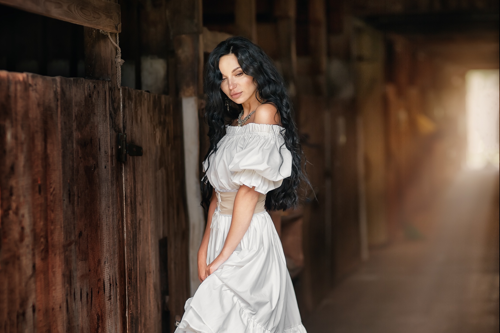 Free download wallpaper Model, Women, Black Hair, Long Hair, Depth Of Field, White Dress on your PC desktop