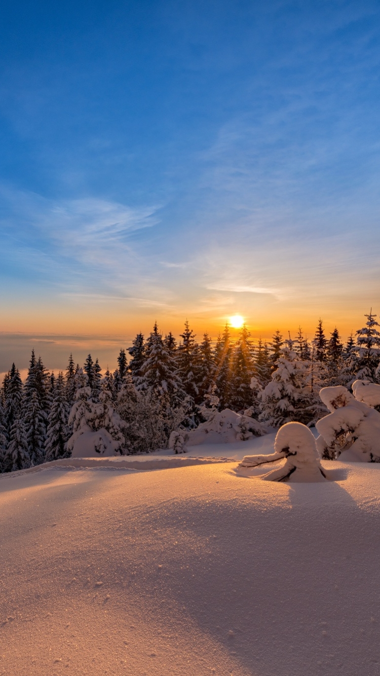 無料モバイル壁紙冬, 自然, 日没, 雪, 地平線, 地球, 空をダウンロードします。