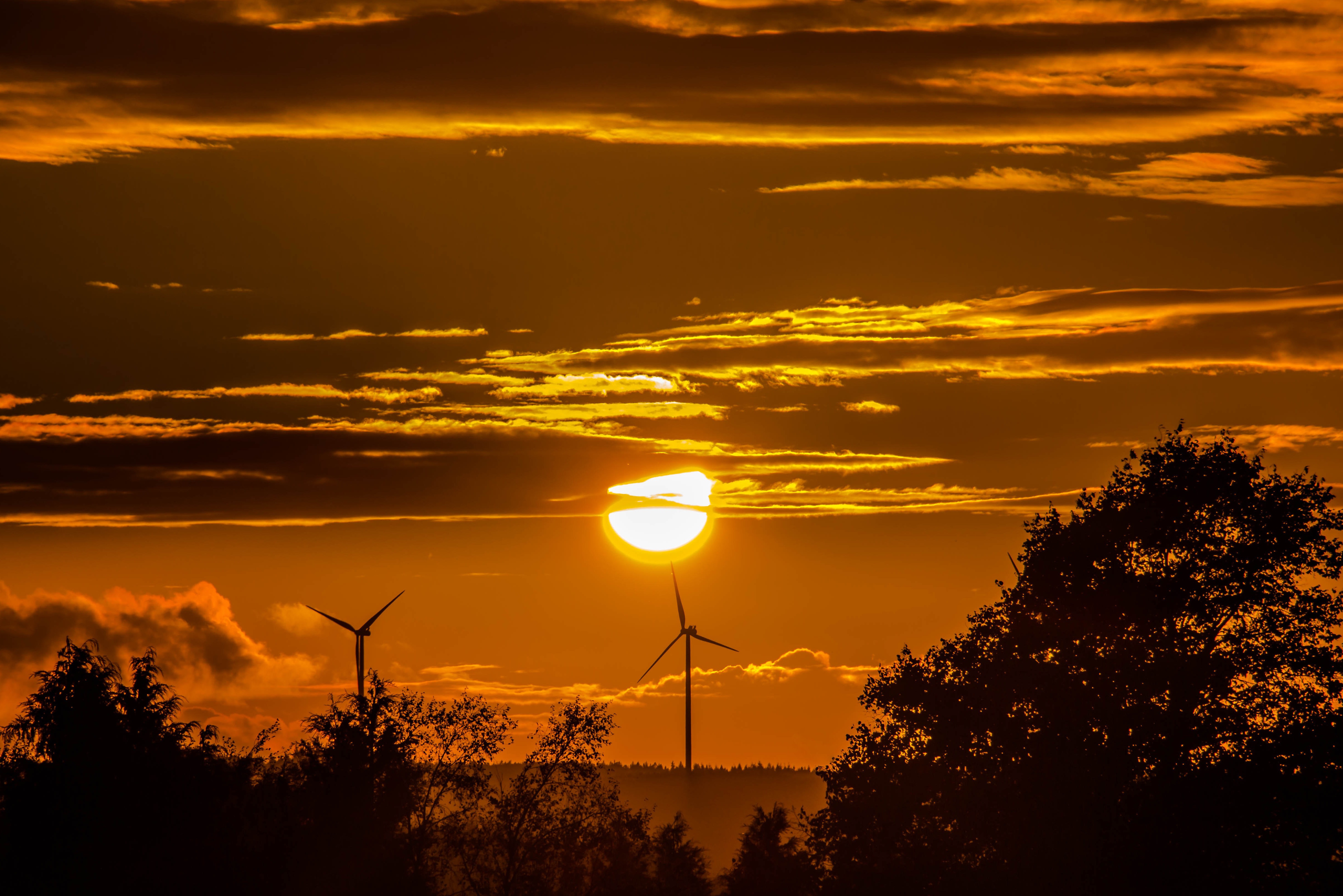 Download mobile wallpaper Sunset, Sky, Sun, Cloud, Photography, Wind Turbine, Orange (Color) for free.