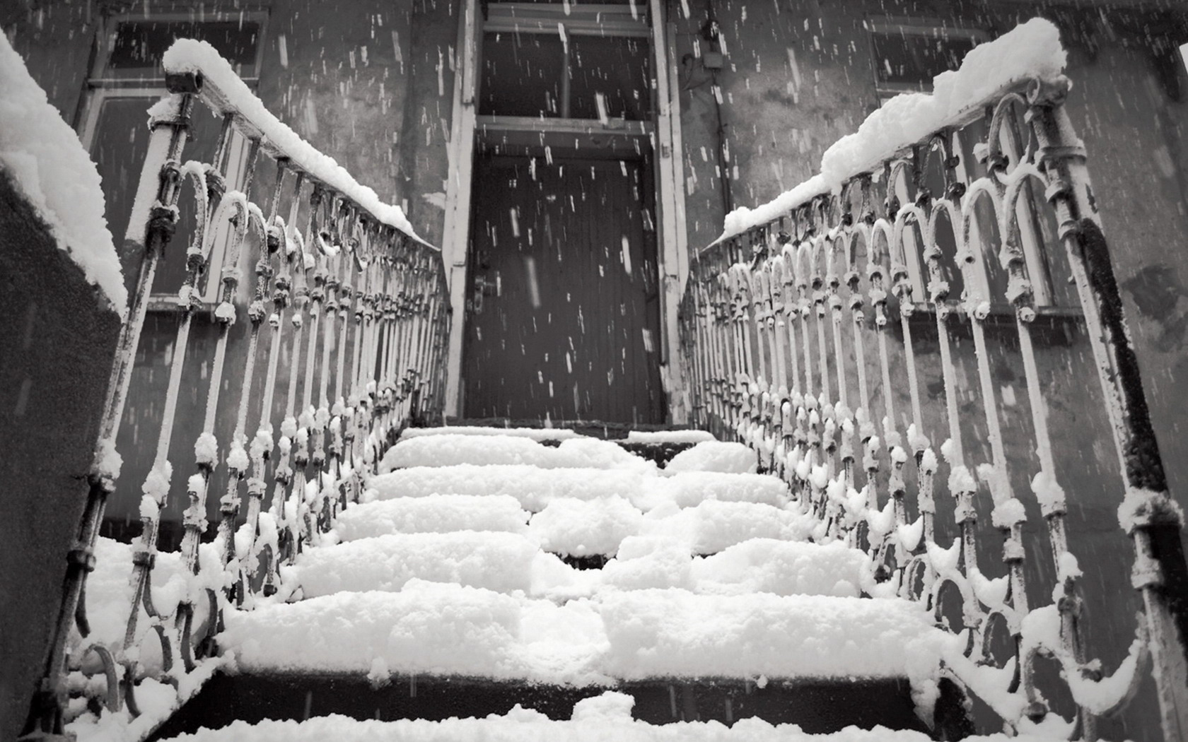 Download mobile wallpaper Snow, Stairs, Door, Snowflake, Man Made, Black & White for free.