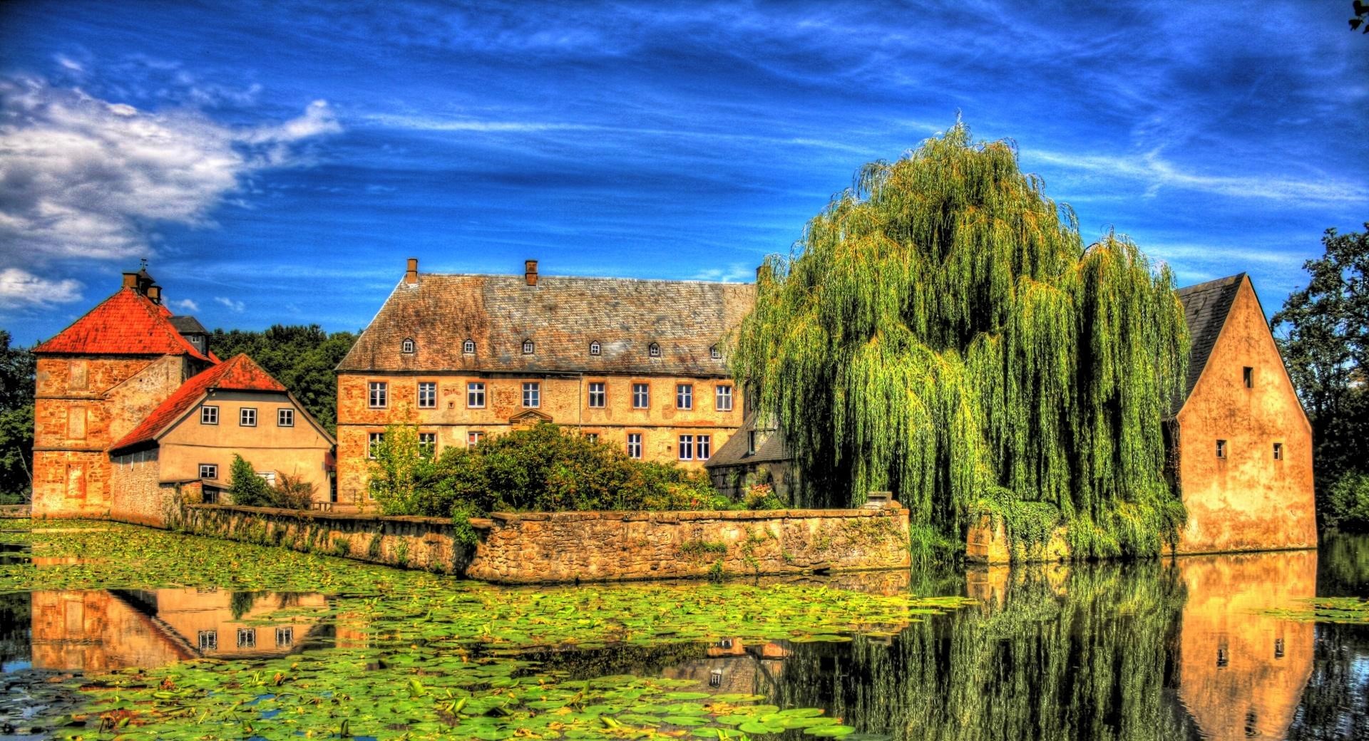 Download mobile wallpaper Reflection, Tree, House, Hdr, Town, England, Man Made, Canal, Lily Pad, Towns for free.