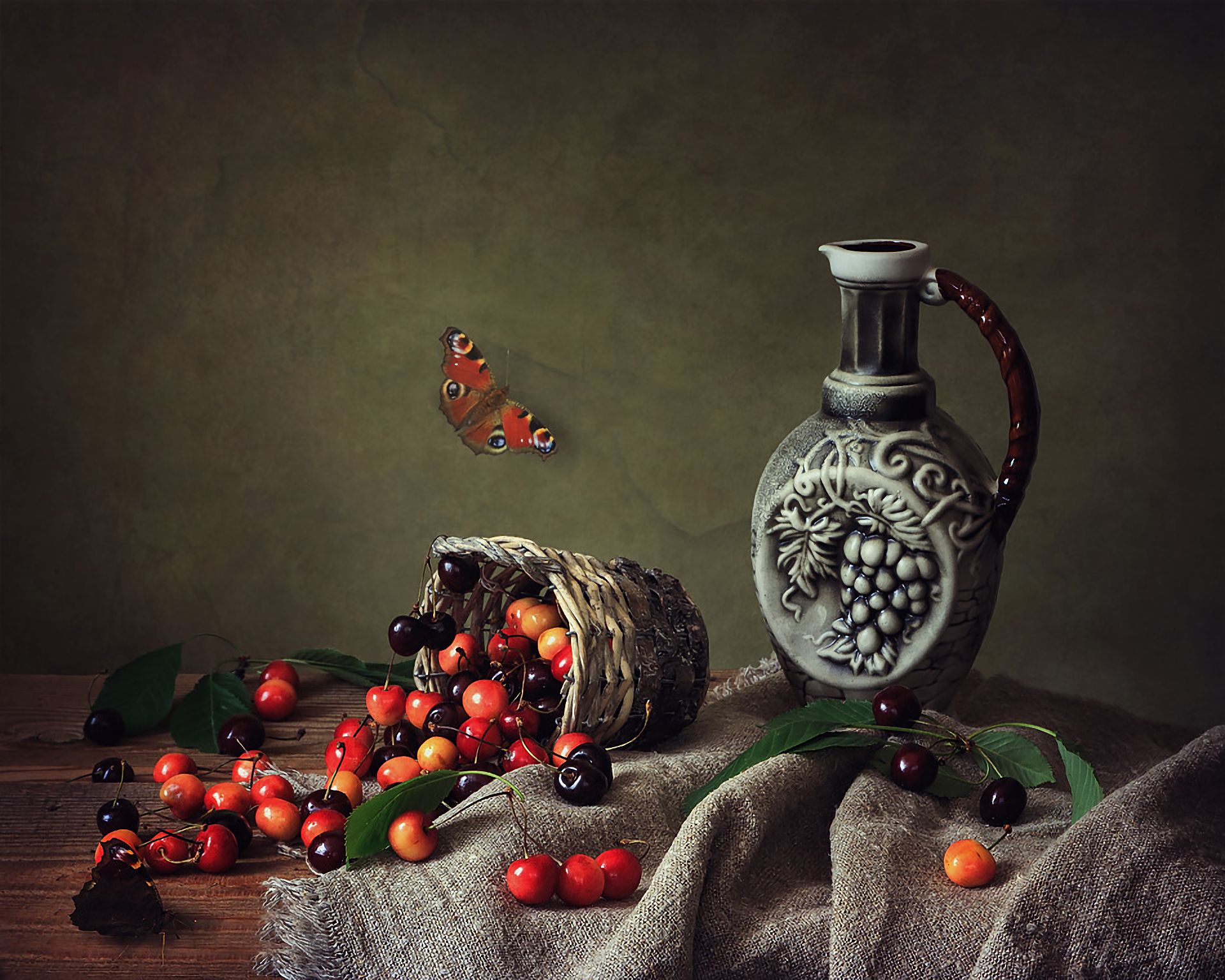 Download mobile wallpaper Cherry, Still Life, Butterfly, Basket, Photography, Pitcher for free.