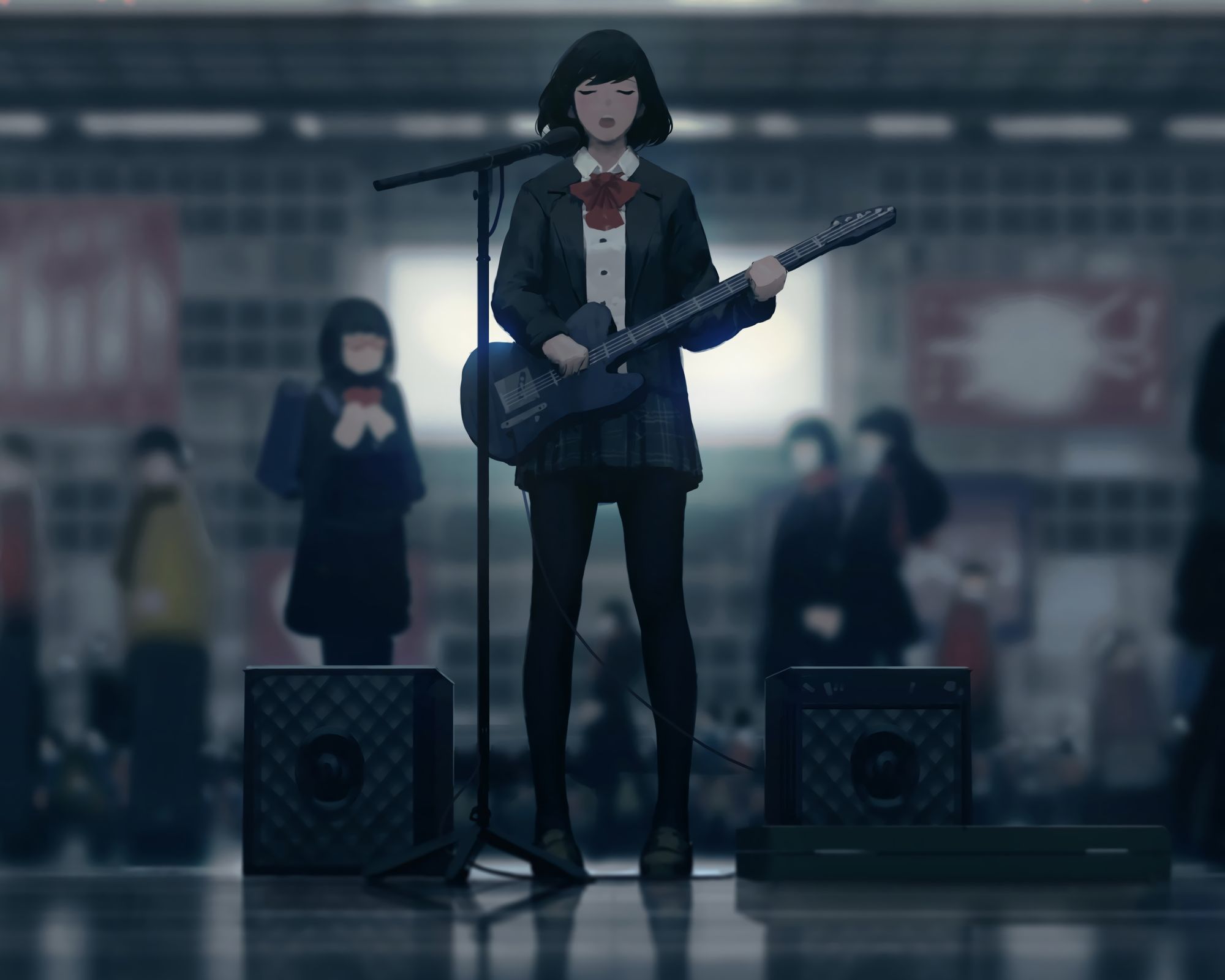 anime, music, black hair, guitar, guitarist, microphone, short hair, speakers