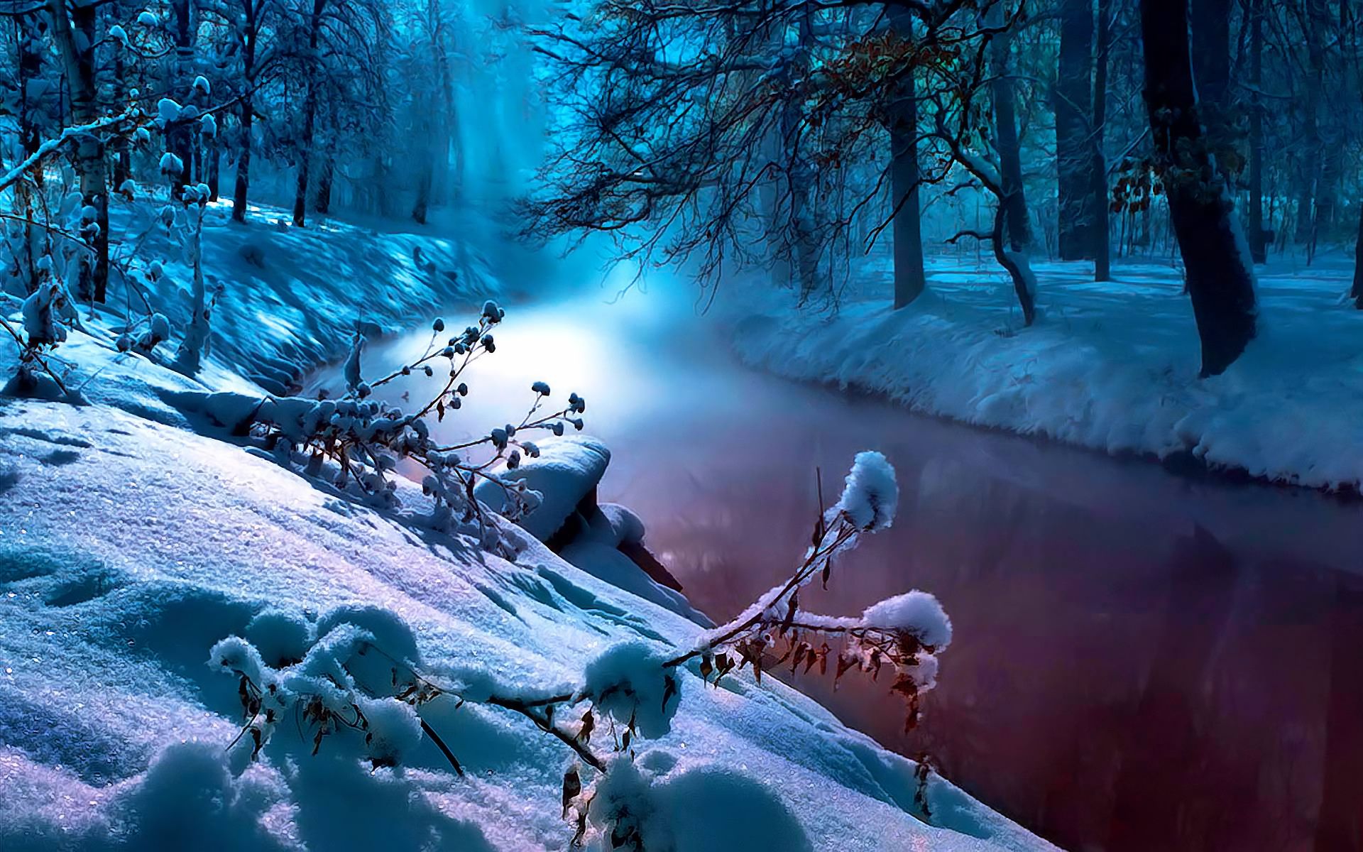 Скачать обои бесплатно Зима, Река, Снег, Дерево, Туман, Синий, Земля/природа картинка на рабочий стол ПК