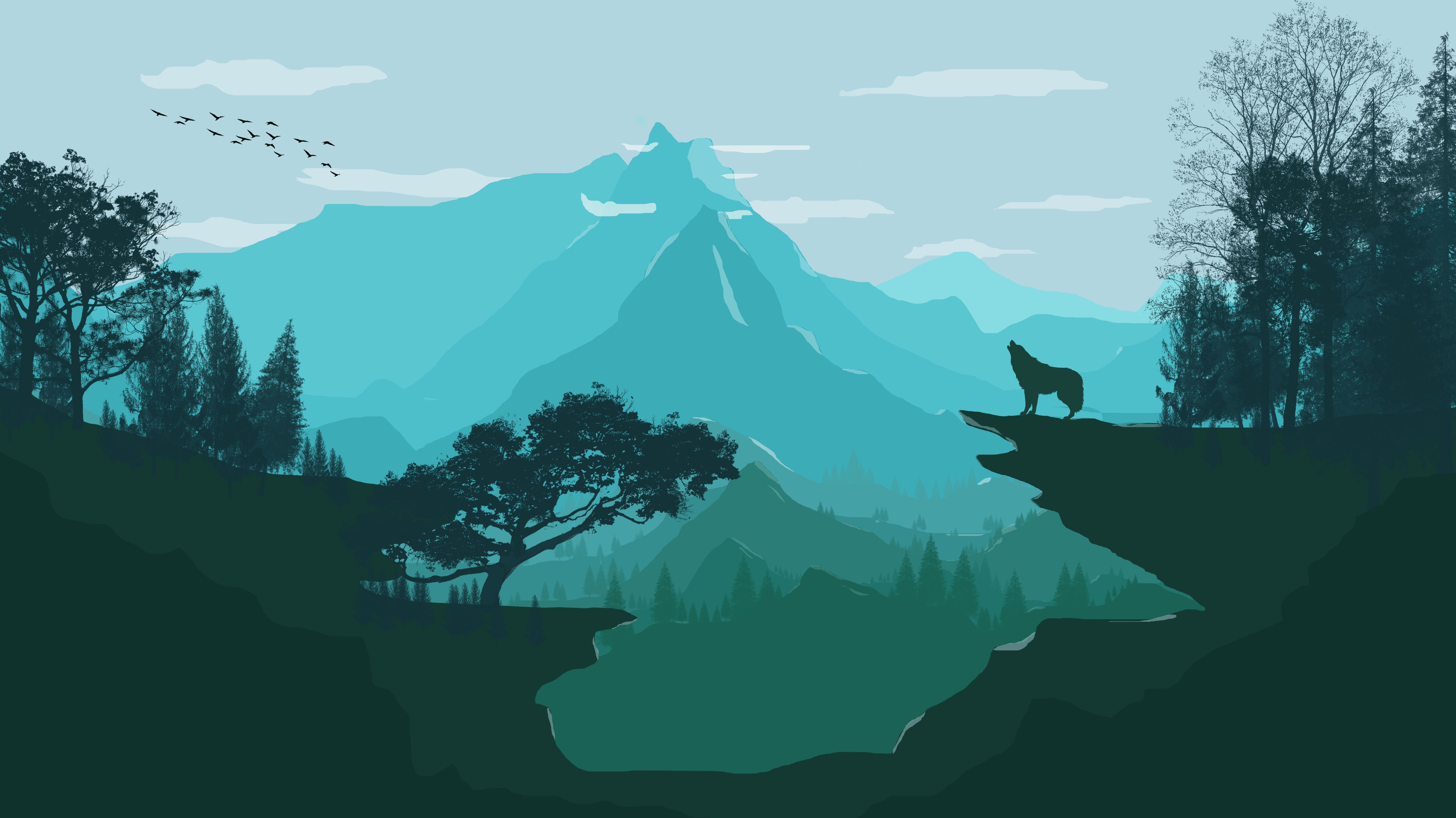 Download mobile wallpaper Landscape, Mountain, Tree, Wolf, Artistic for free.