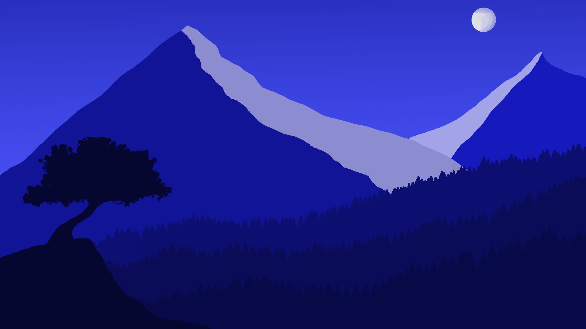 Download mobile wallpaper Landscape, Night, Moon, Mountain, Tree, Artistic, Minimalist for free.
