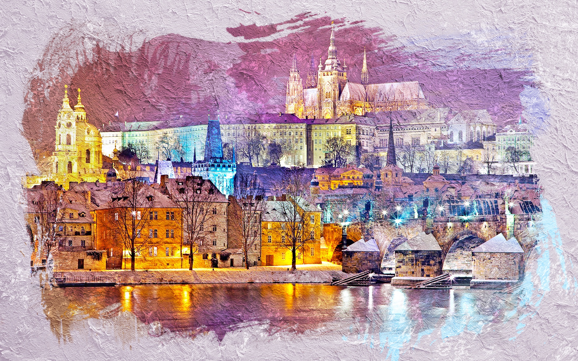 Скачать обои бесплатно Река, Город, Замок, Прага, Художественные картинка на рабочий стол ПК