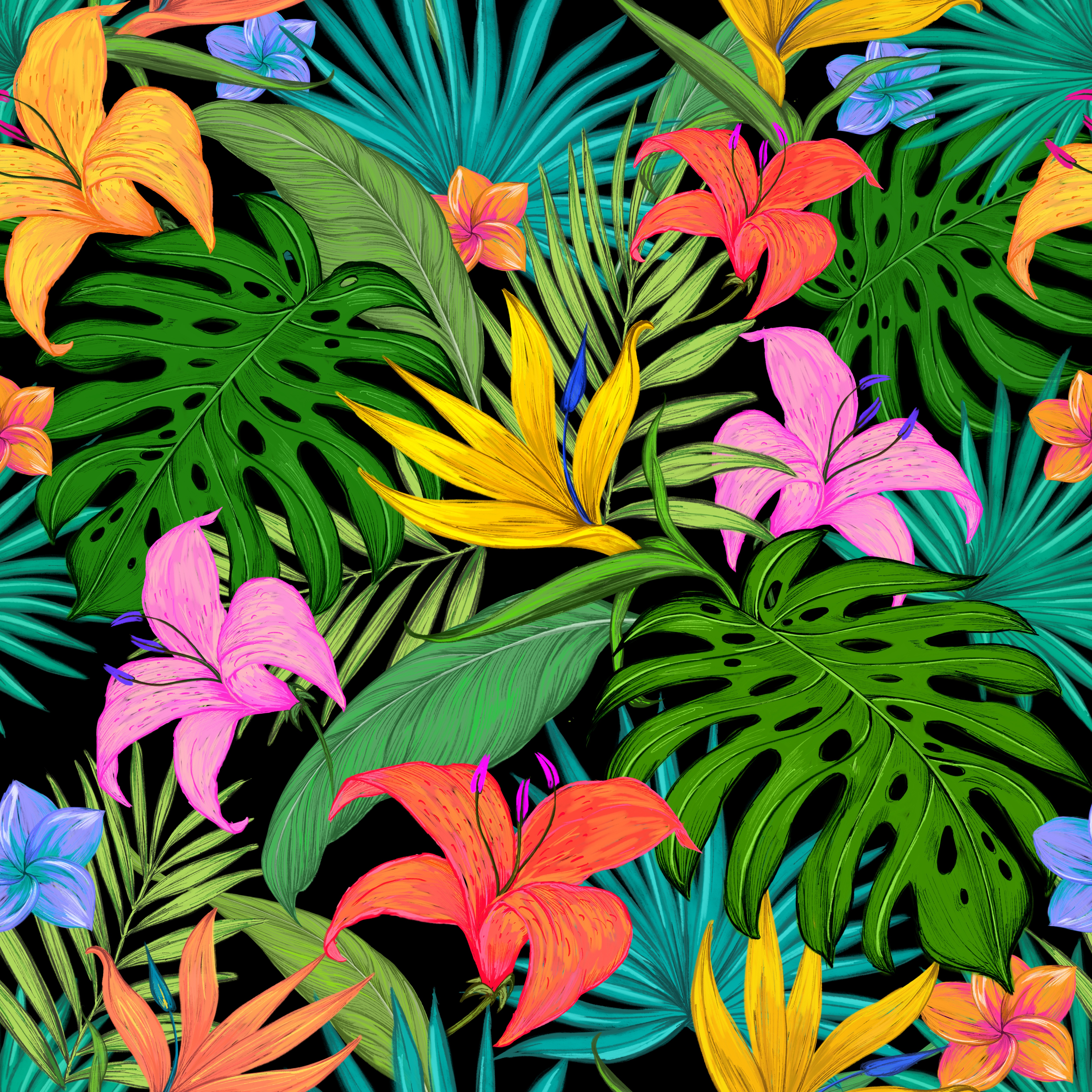 67335 скачать картинку пальмы, тропический, цветы, лилии, листья, текстуры, узор, цветной - обои и заставки бесплатно