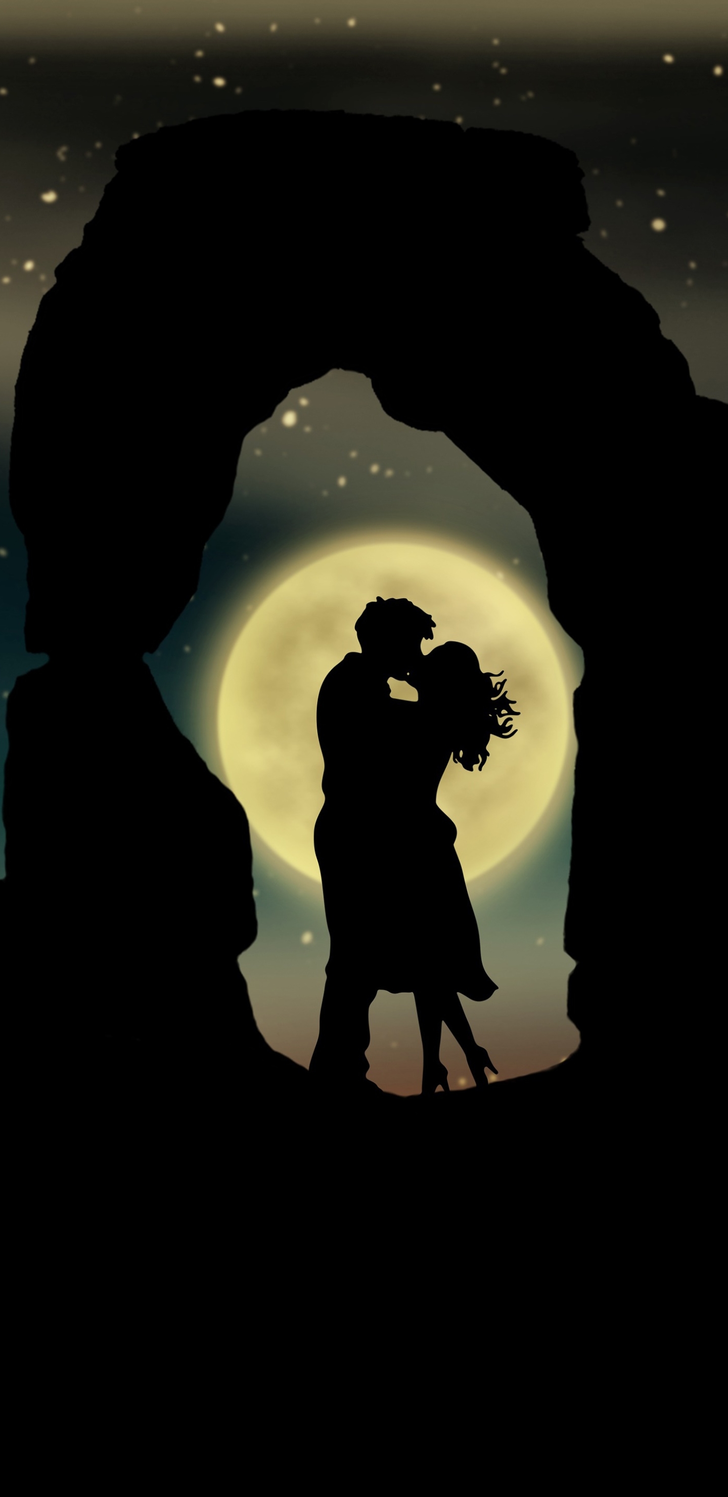 Download mobile wallpaper Stars, Moon, Love, Silhouette, Couple, Artistic, Full Moon for free.
