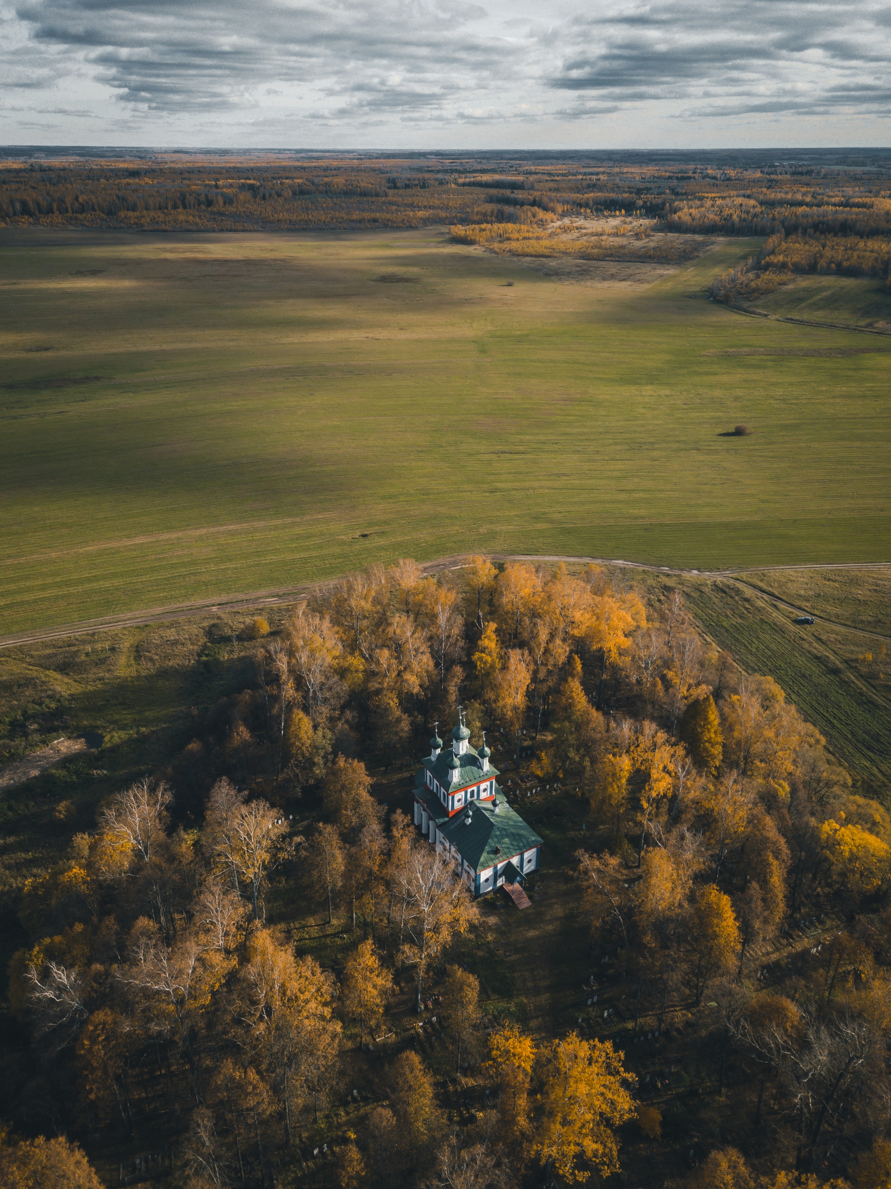 church, trees, landscape, nature, building, view from above