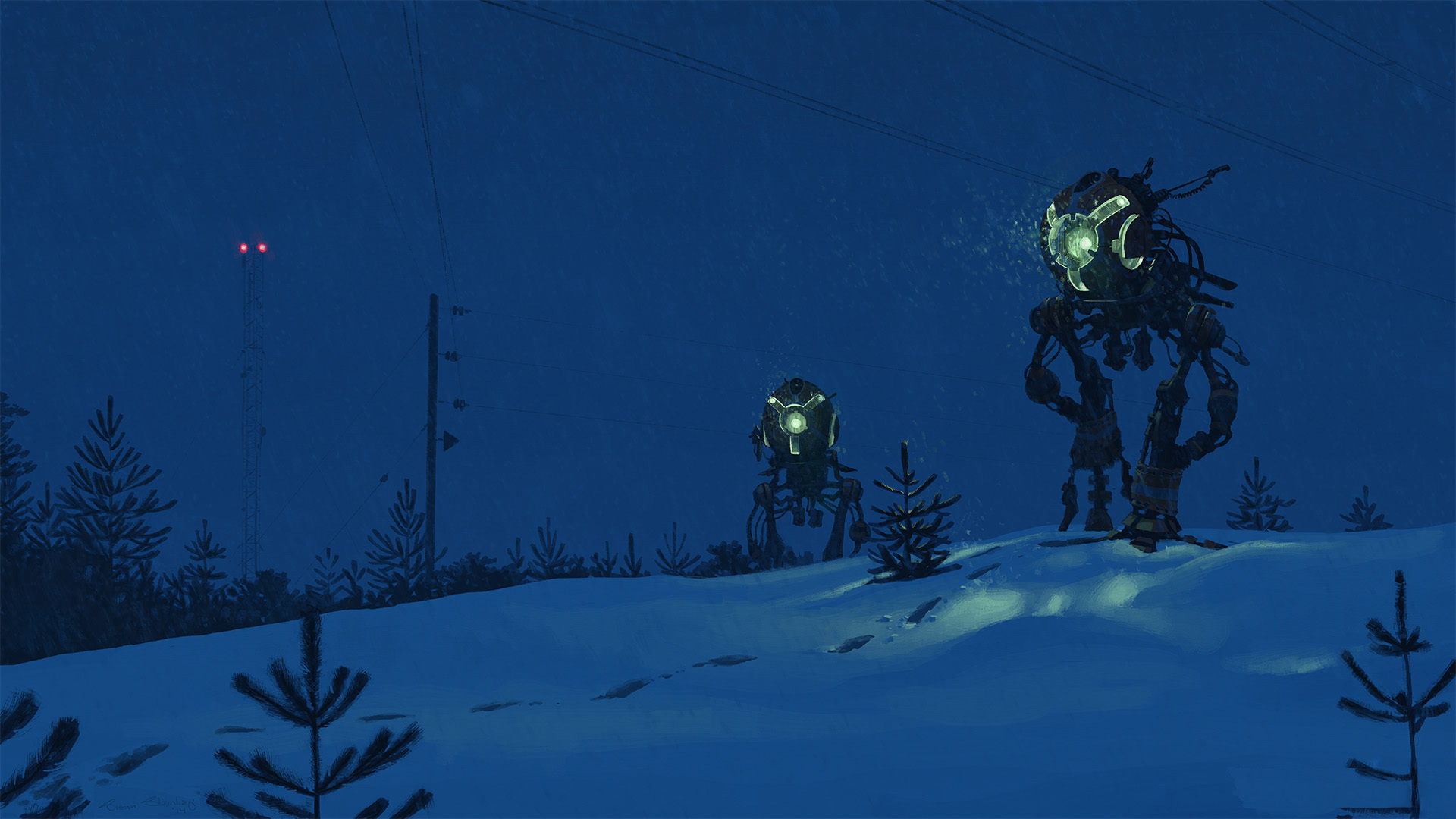Download mobile wallpaper Night, Snow, Robot, Sci Fi, Snowfall for free.