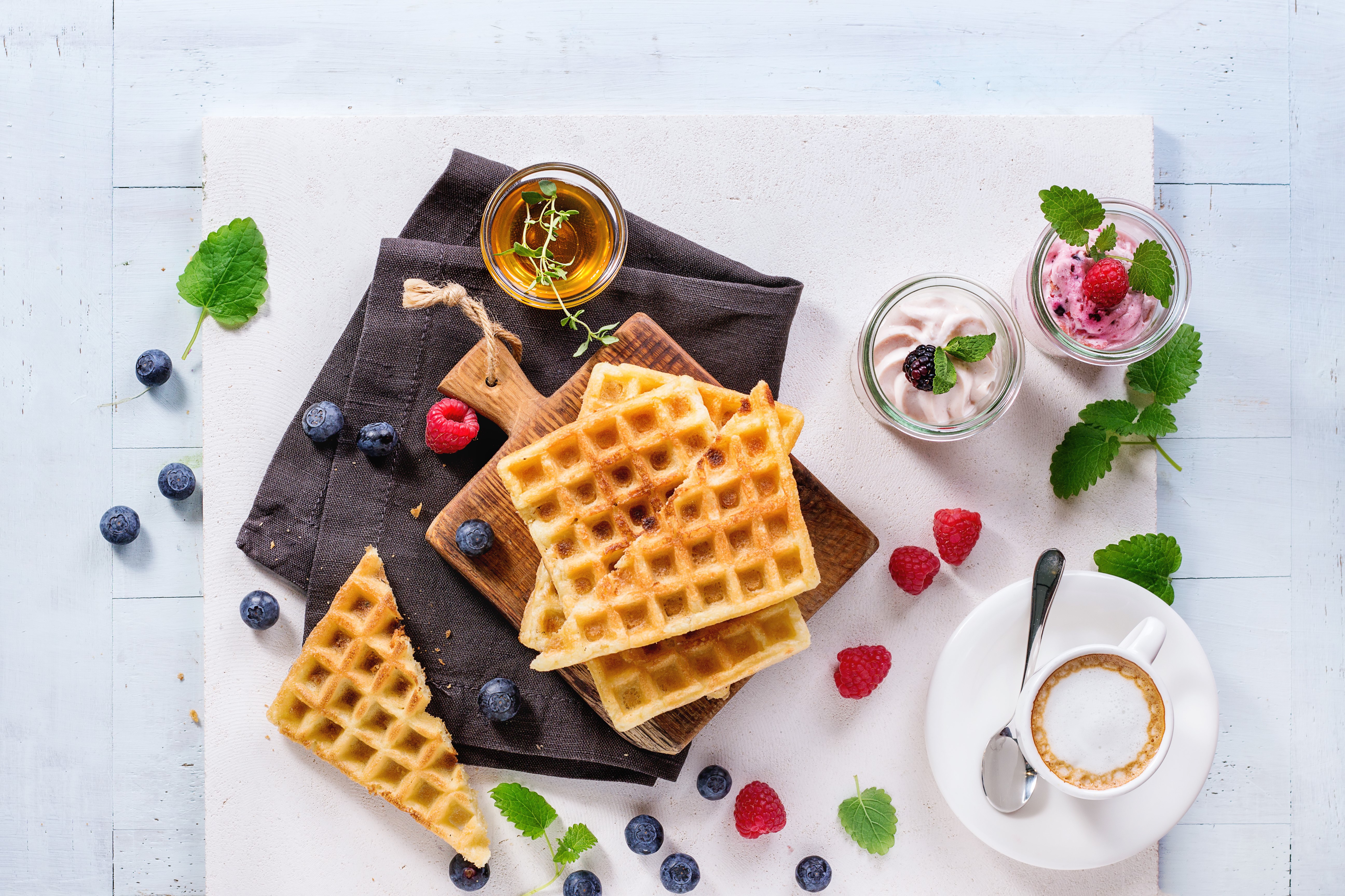 Download mobile wallpaper Food, Blueberry, Raspberry, Coffee, Still Life, Berry, Fruit, Waffle, Breakfast for free.