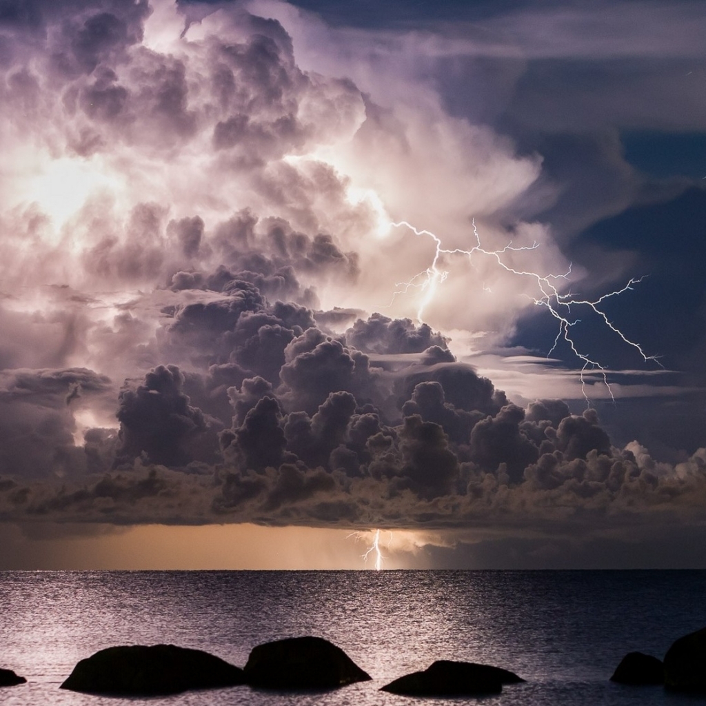 Скачать обои бесплатно Природа, Облака, Океан, Молния, Облако, Буря, Земля/природа, Морской Пейзаж картинка на рабочий стол ПК