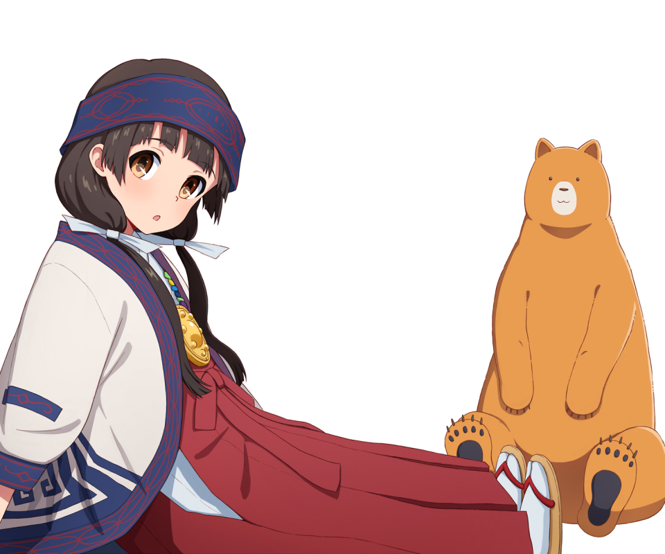 anime, kuma miko: girl meets bear, japanese clothes, yellow eyes, long hair, headband, bow (clothing), machi amayadori, natsu kumai, brown hair, bear