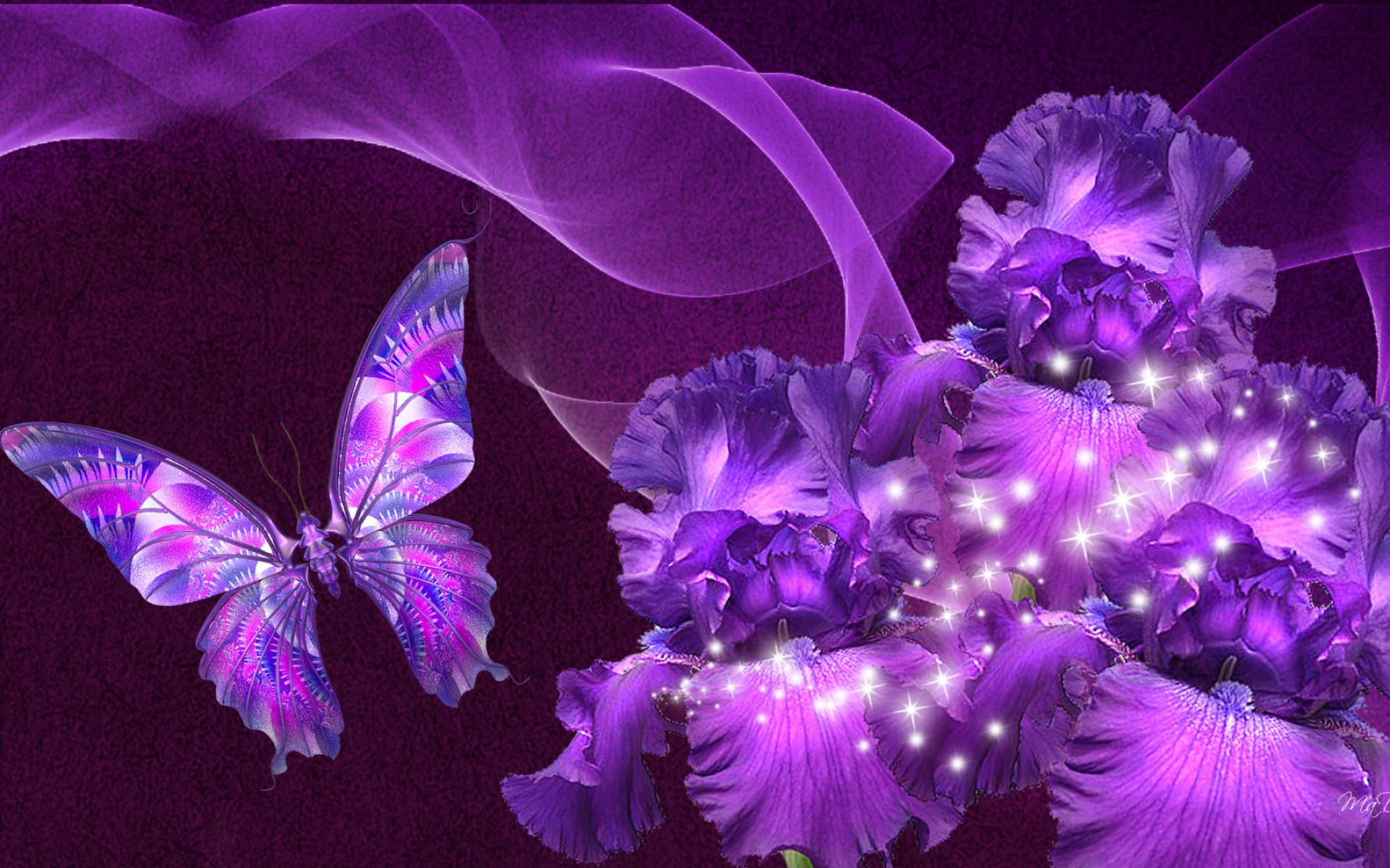 Скачать картинку Цветок, Бабочка, Блестки, Пурпурный, Художественные в телефон бесплатно.