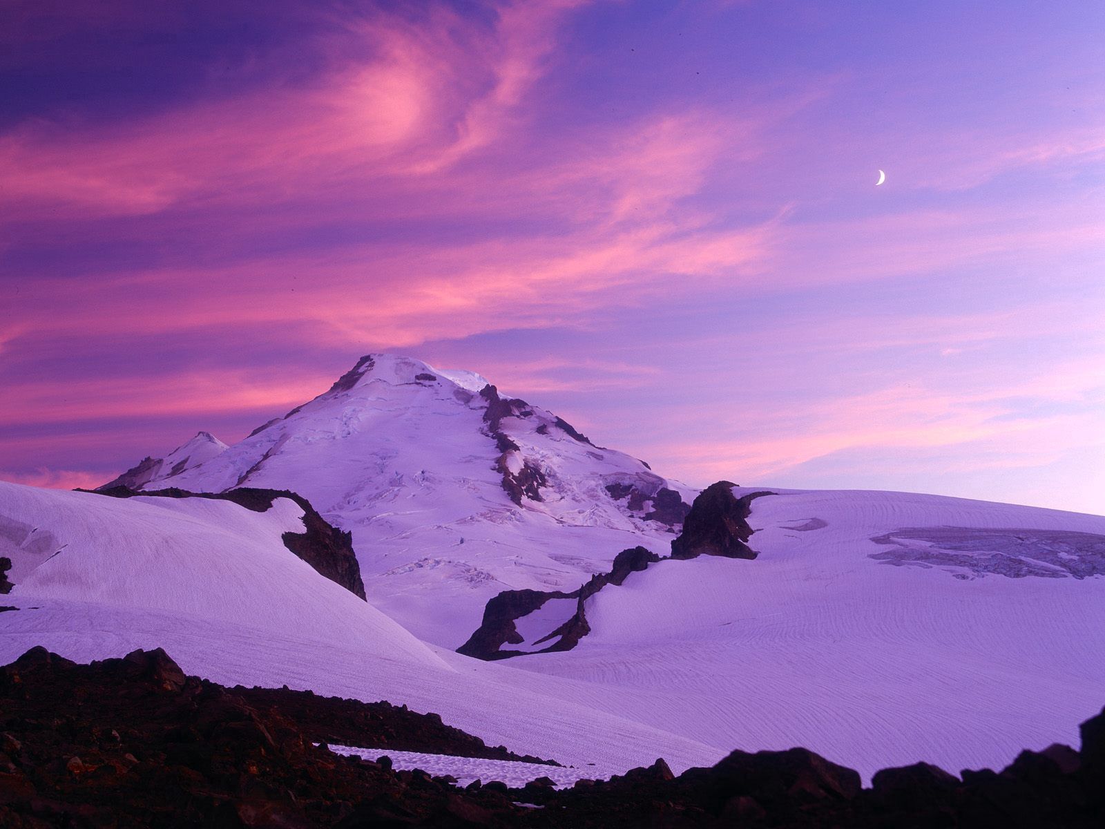 Free download wallpaper Nature, Sky, Mountains, Pink, Evening, Washington, Moon on your PC desktop
