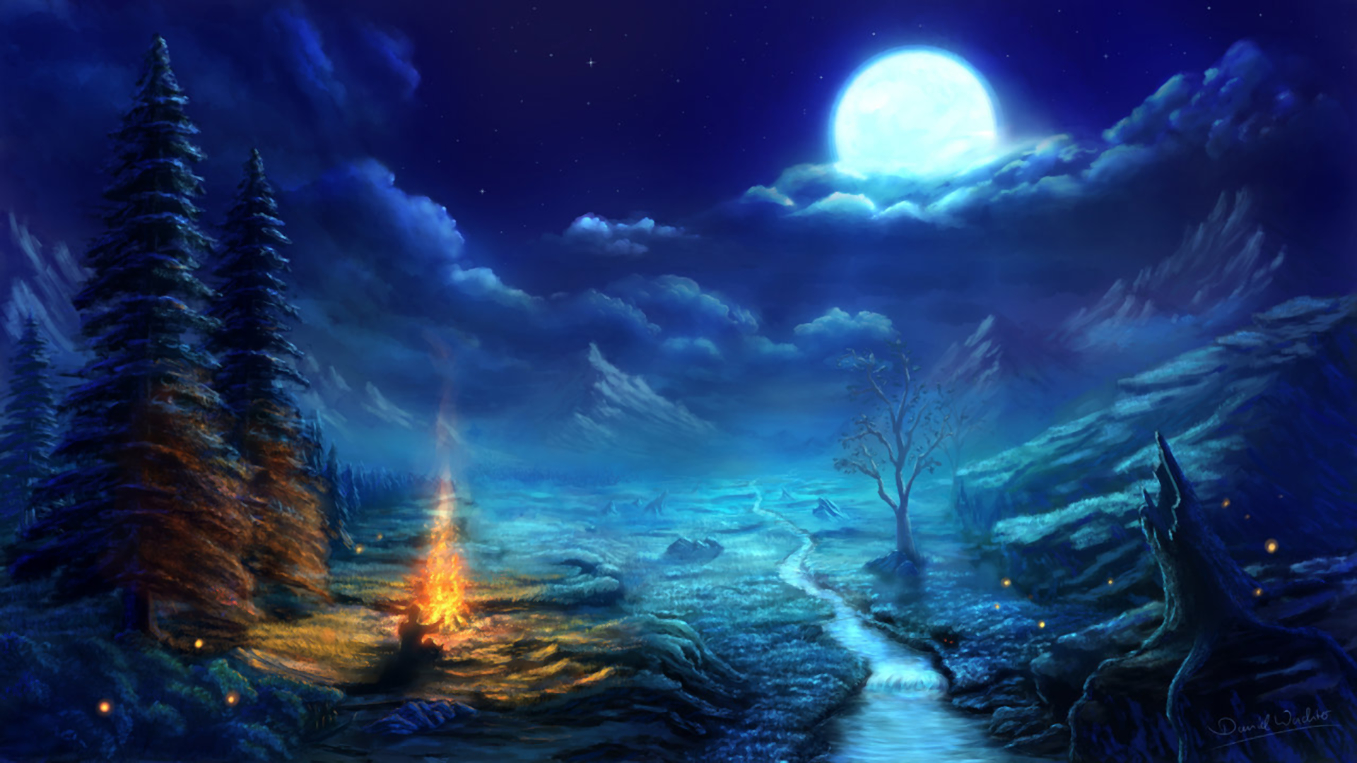 artistic, winter, campfire, cloud, moon, snow, tree
