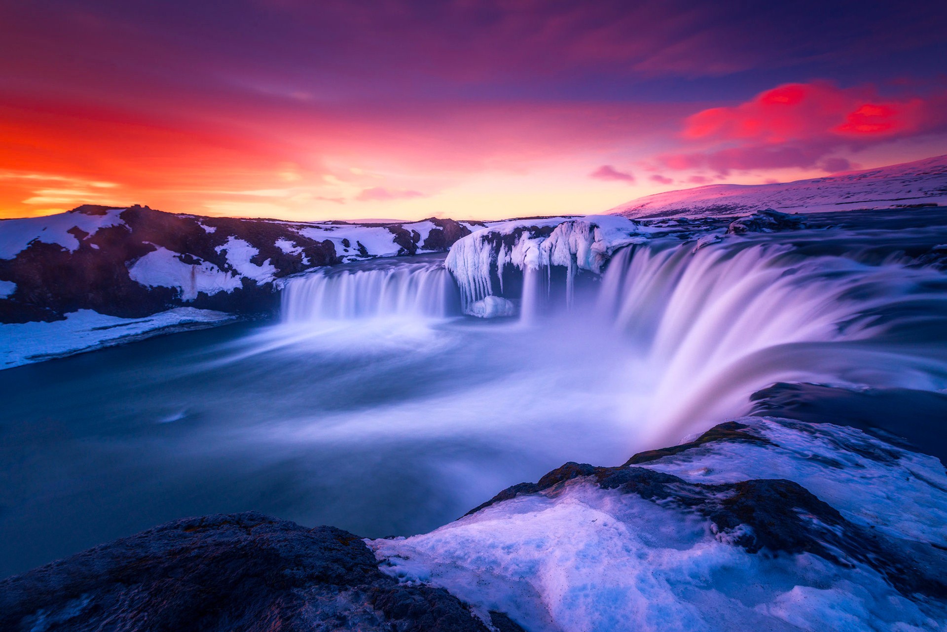 379788 скачать картинку земля/природа, годафосс, лёд, исландия, закат, водопад, водопады - обои и заставки бесплатно