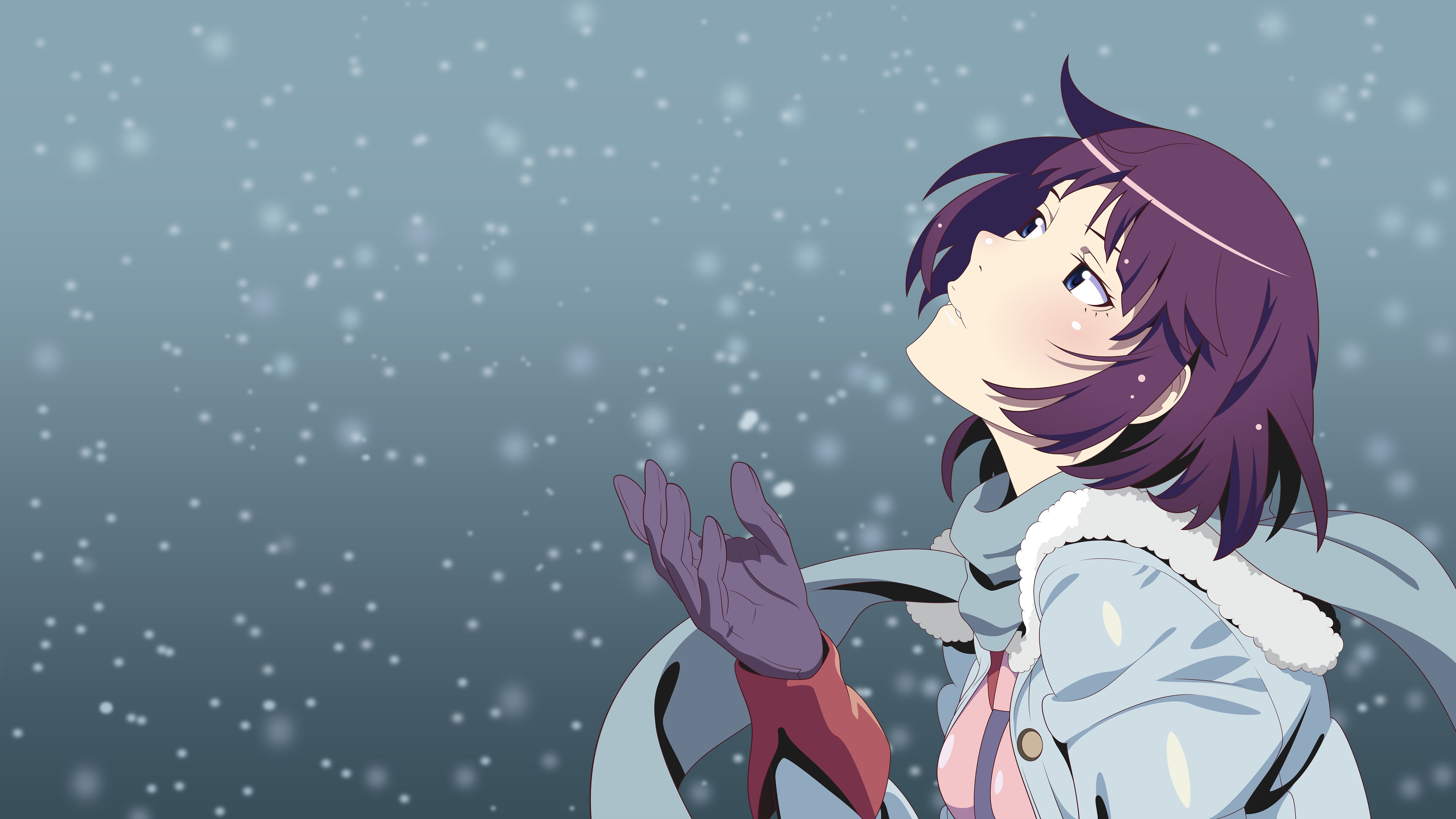 721164 Hintergrundbild herunterladen animes, monogatari (serie), bakemonogatari, hitagi senjogahara, lila haare, schneefall - Bildschirmschoner und Bilder kostenlos