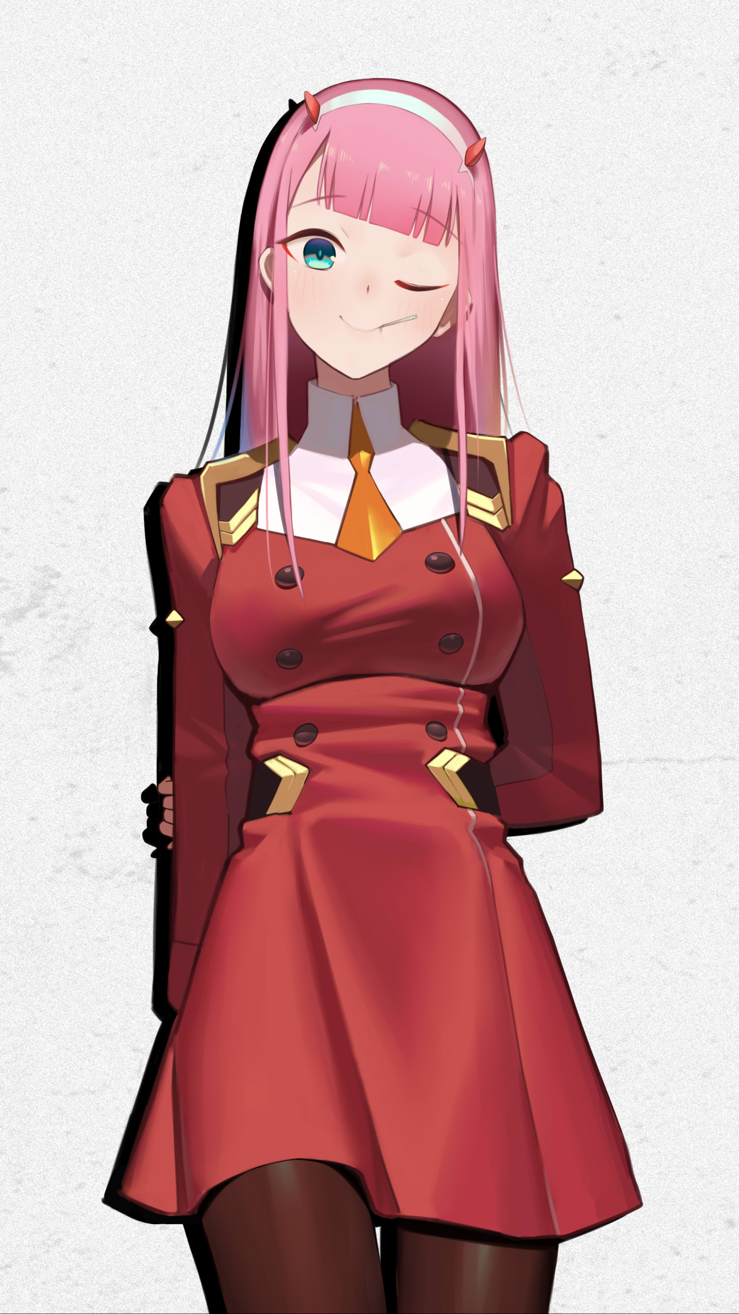 Download mobile wallpaper Anime, Smile, Horns, Uniform, Wink, Pink Hair, Blush, Long Hair, Aqua Eyes, Darling In The Franxx, Zero Two (Darling In The Franxx) for free.