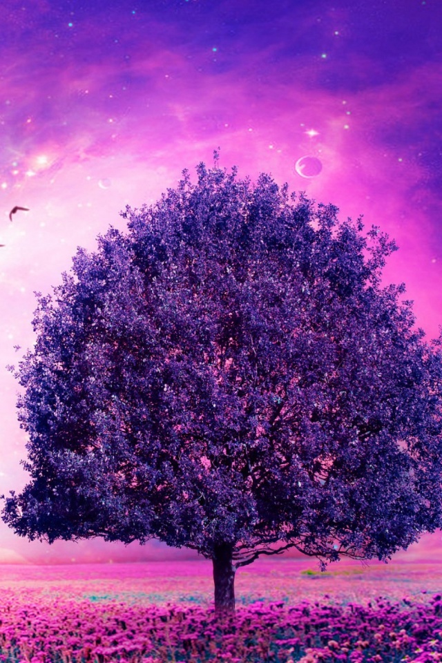 Скачать картинку Цветок, Дерево, Поле, Планета, Пурпурный, Художественные в телефон бесплатно.