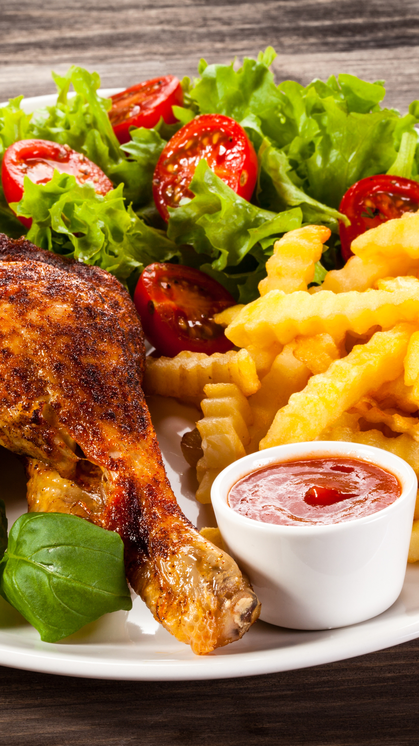 Download mobile wallpaper Food, Meat, Meal, Chicken, Salad, Tomato, French Fries for free.