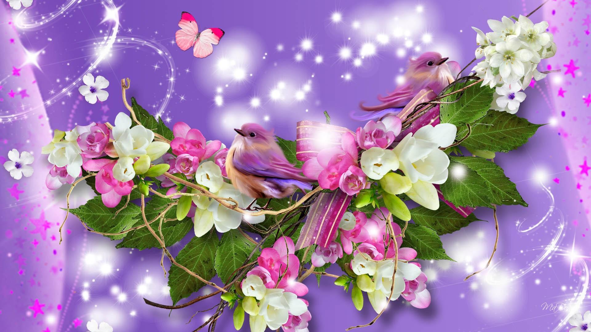 Free download wallpaper Flowers, Flower, Bird, Butterfly, Colorful, Artistic, Pastel on your PC desktop