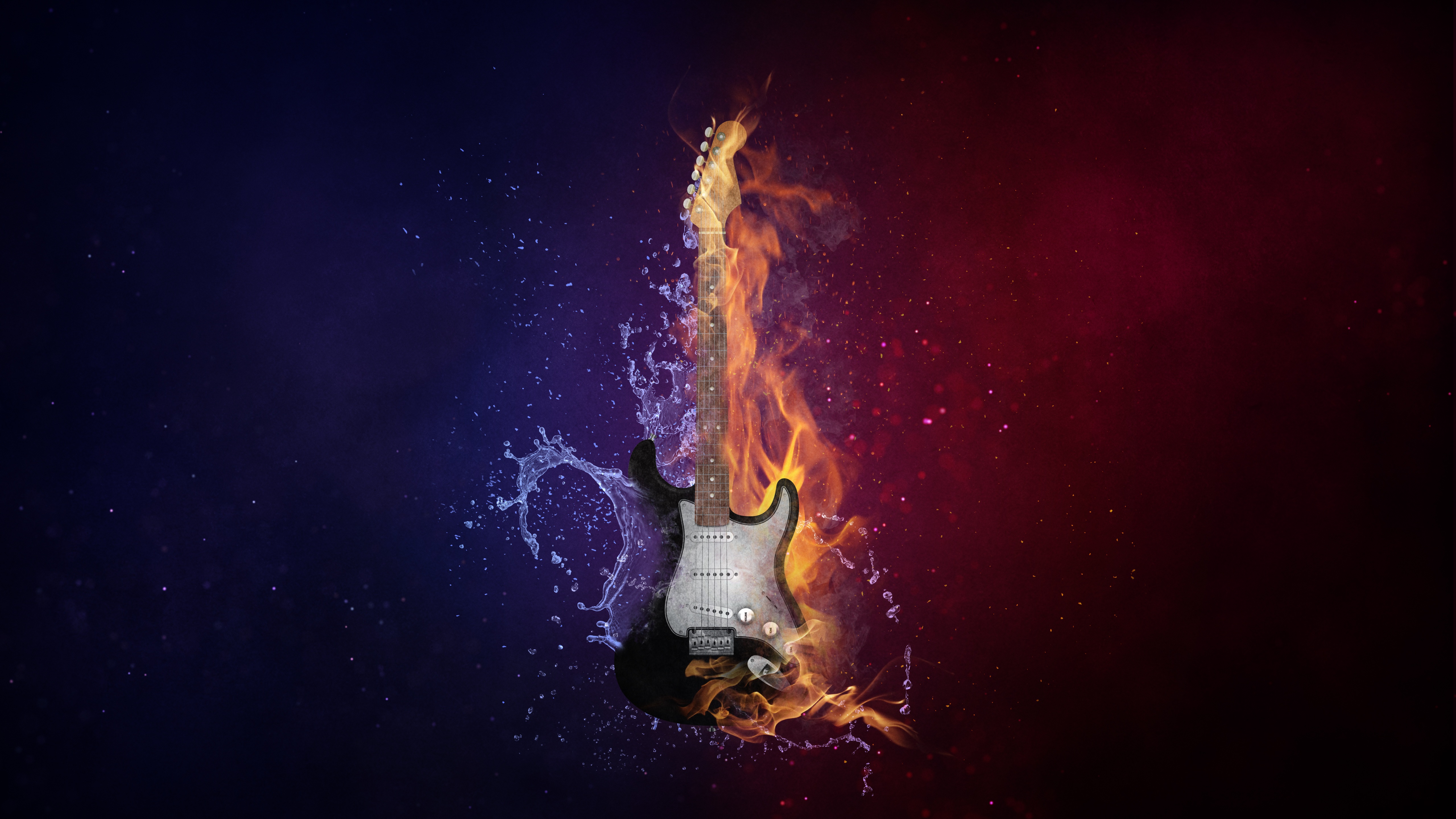 music, water, fire, guitar, photoshop FHD, 4K, UHD