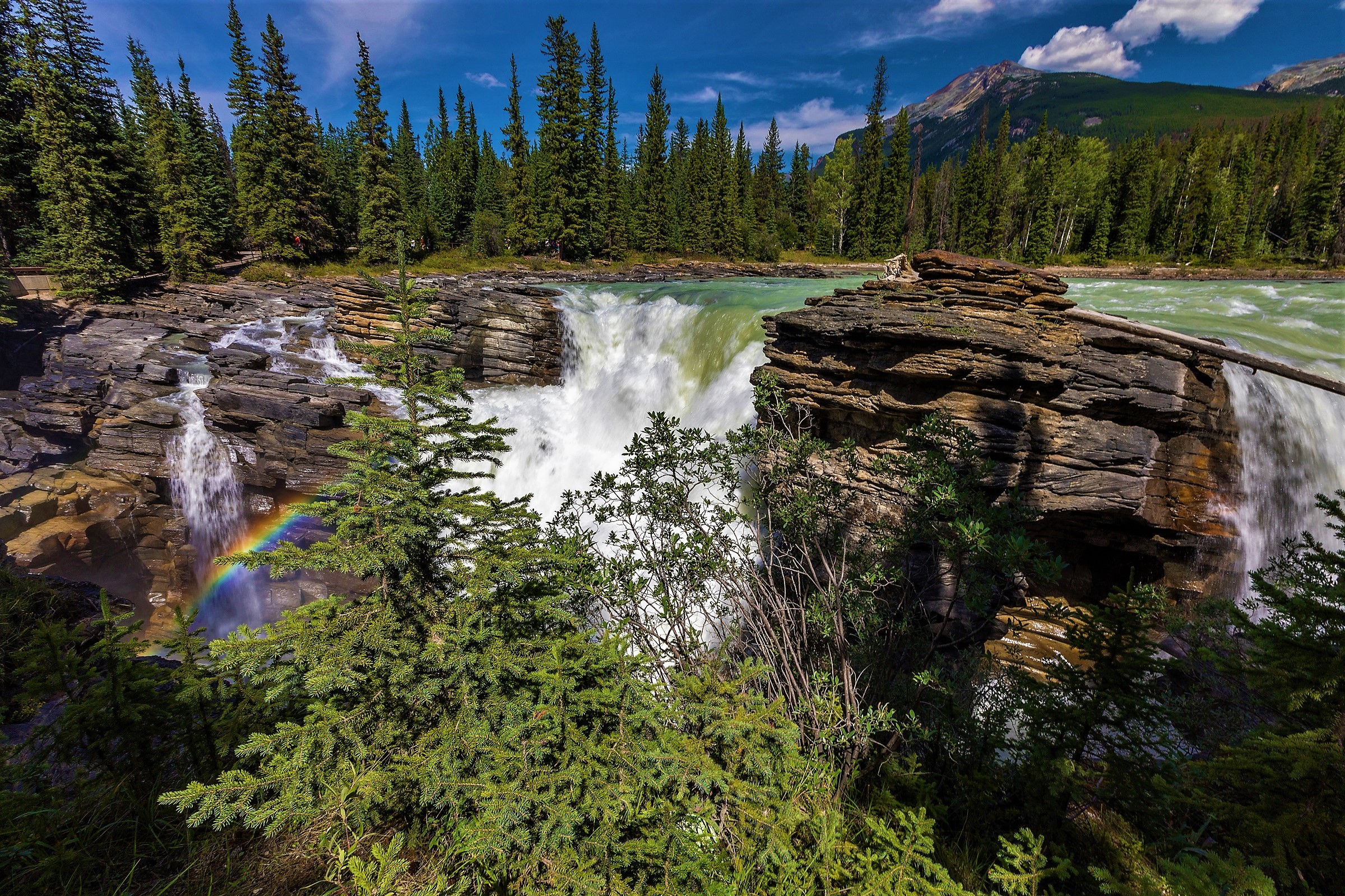 Download mobile wallpaper Waterfalls, Rainbow, Mountain, Canada, Waterfall, Forest, Earth, Alberta for free.