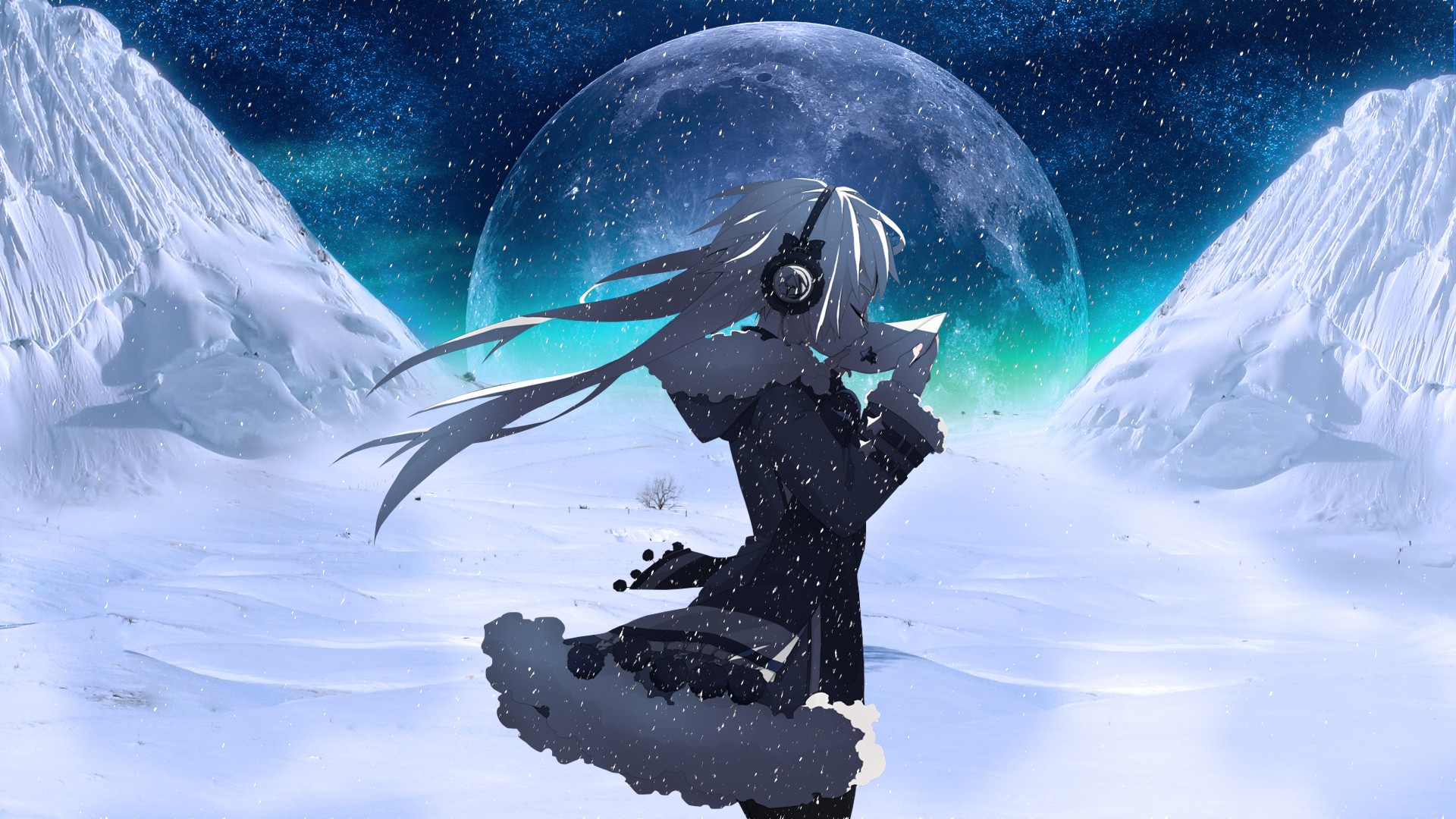 Download mobile wallpaper Anime, Moon, Snow, Headphones, Original, Long Hair, White Hair for free.