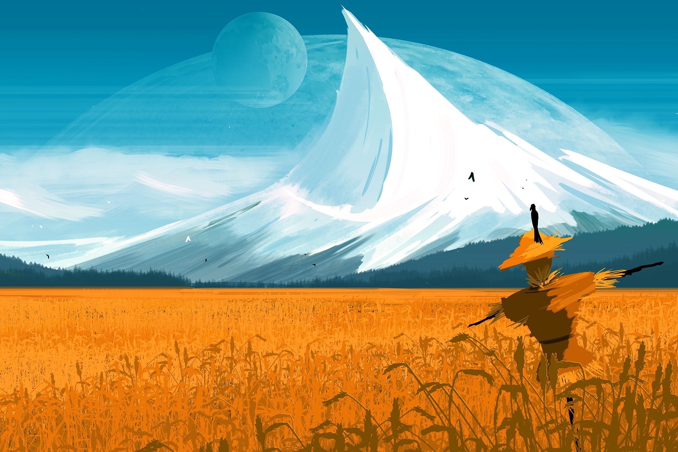sci fi, landscape, peak, scarecrow, field, planet, mountain